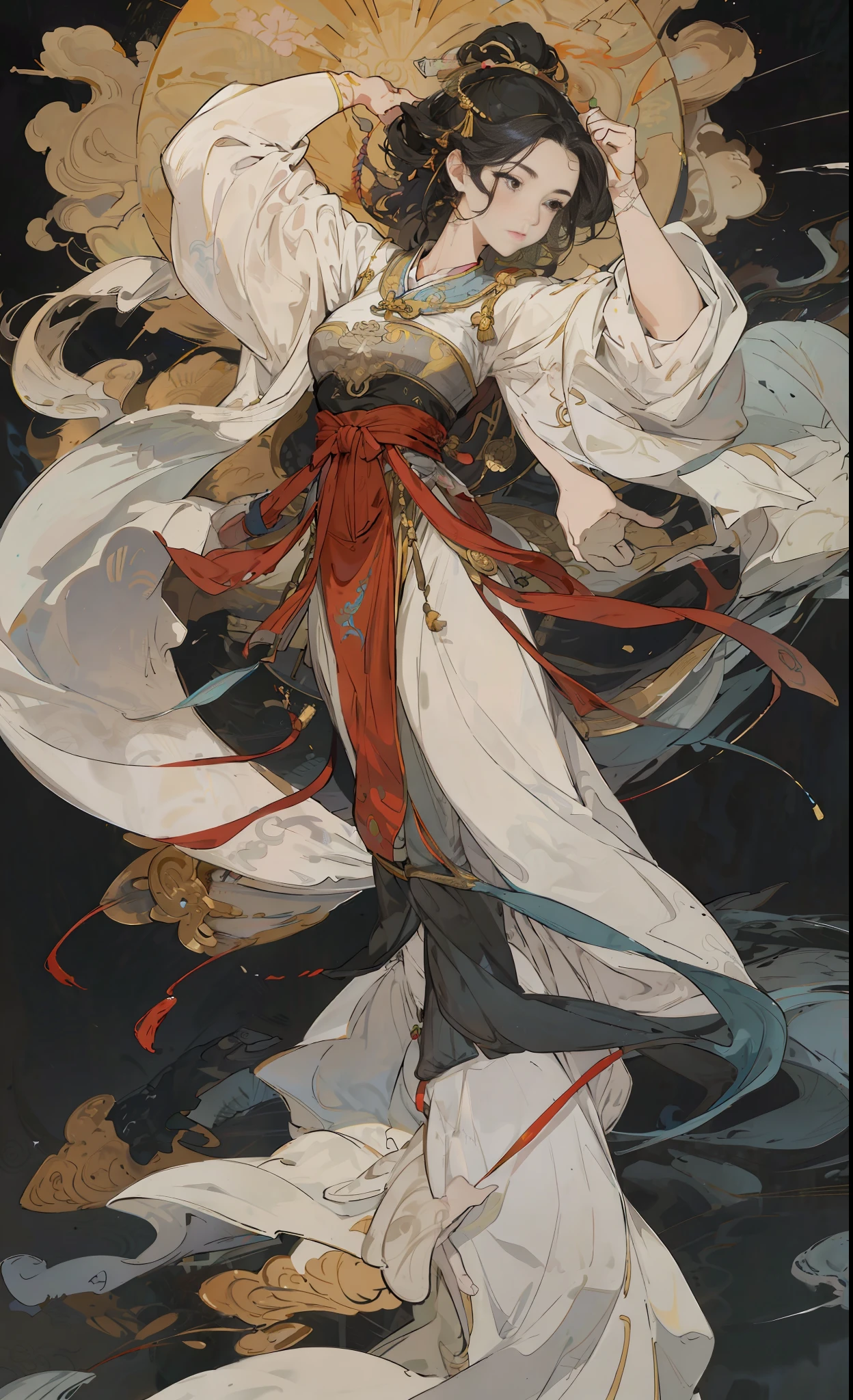 A girl, ancient Chinese costume, whole body, sunshine, clear face, clean white background, masterpiece, super detail, epic composition, ultra HD, high quality, extremely detailed, official art, uniform 8k wallpaper, super detail, 32k