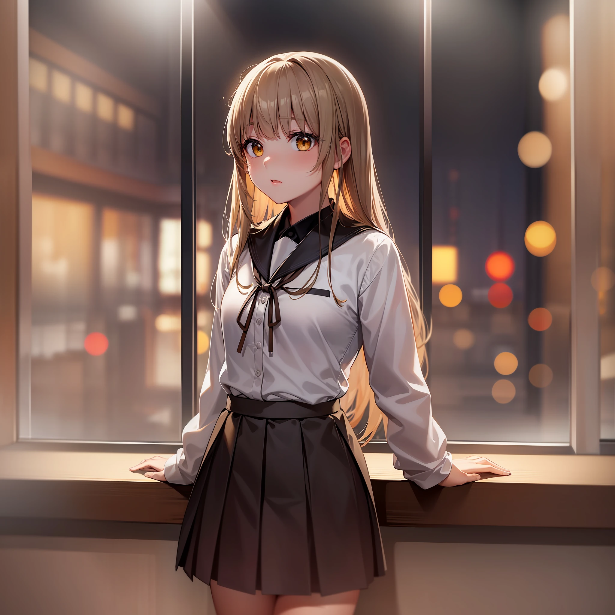 Center of the picture, real texture, detailed lighting, delicate shadows, super high resolution, (brown eyes), (cute and sexy with a little mature face), (Japanese school uniform), HDR, 8k resolution, flowing bangs, (yellow transparent white skin), (girl with a height of one meter and five meters), in a nightclub, 1girl, floating long blonde hair, small breasts, cute, looking at the scenery outside the window, singing karaoke