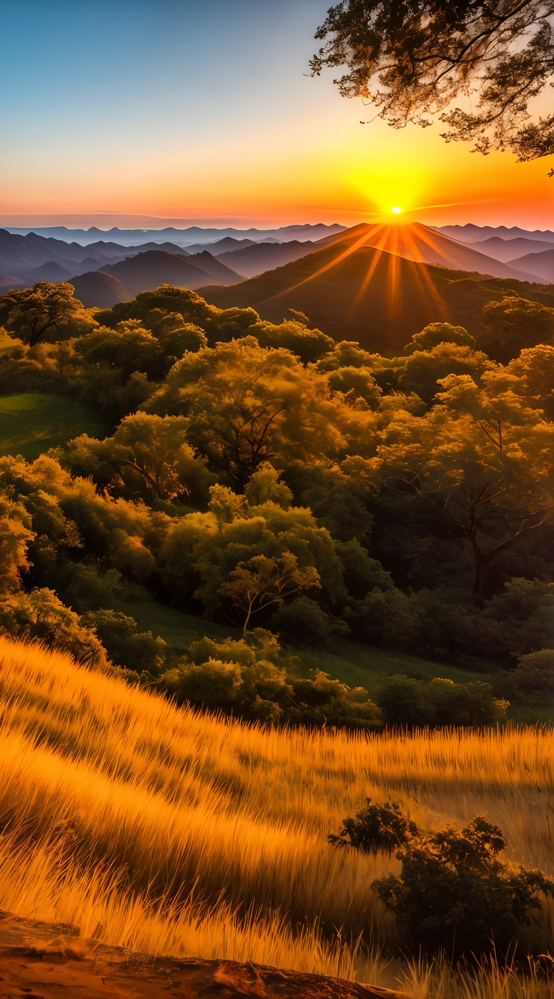 Sunset, evening glow, distant view, realistic, rich colors, gorgeous and colorful, wide-angle lens, shooting in the evening, positive film, naturalistic style, high-definition filming.