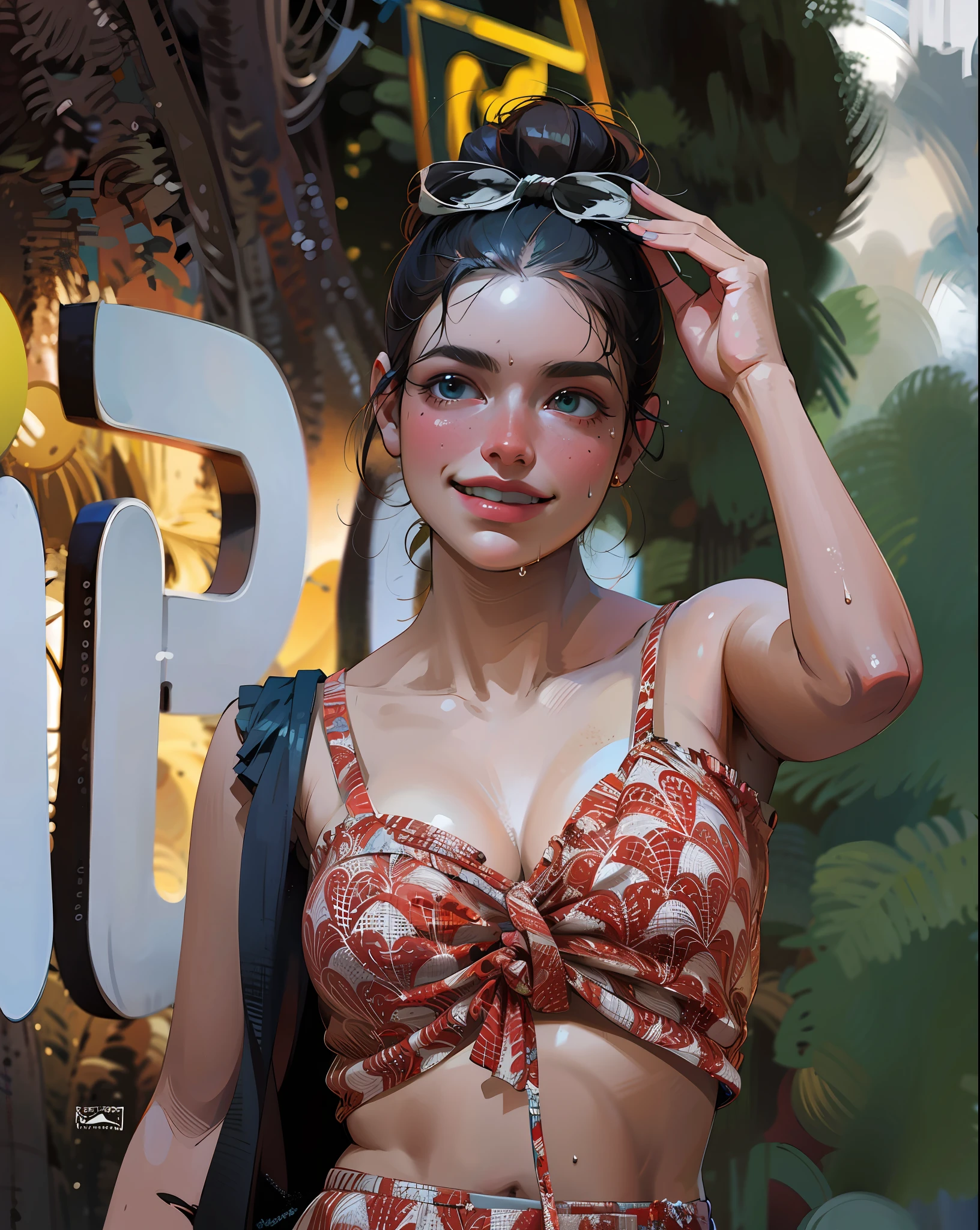 a hyper-realistic portrait of a young woman, half asleep, (face with dimples), under a tree, inside a forest, lots of rain, in the middle of nature, 22 years old, [[dimples]], realistic, (lying on her side), she is wearing a red panties, (wearing a garter belt and black pantyhose), sexy, (huge breasts 2:1), torn, (all torn), wet clothing, short brown hair, (hair tied with bows), curved, SFW