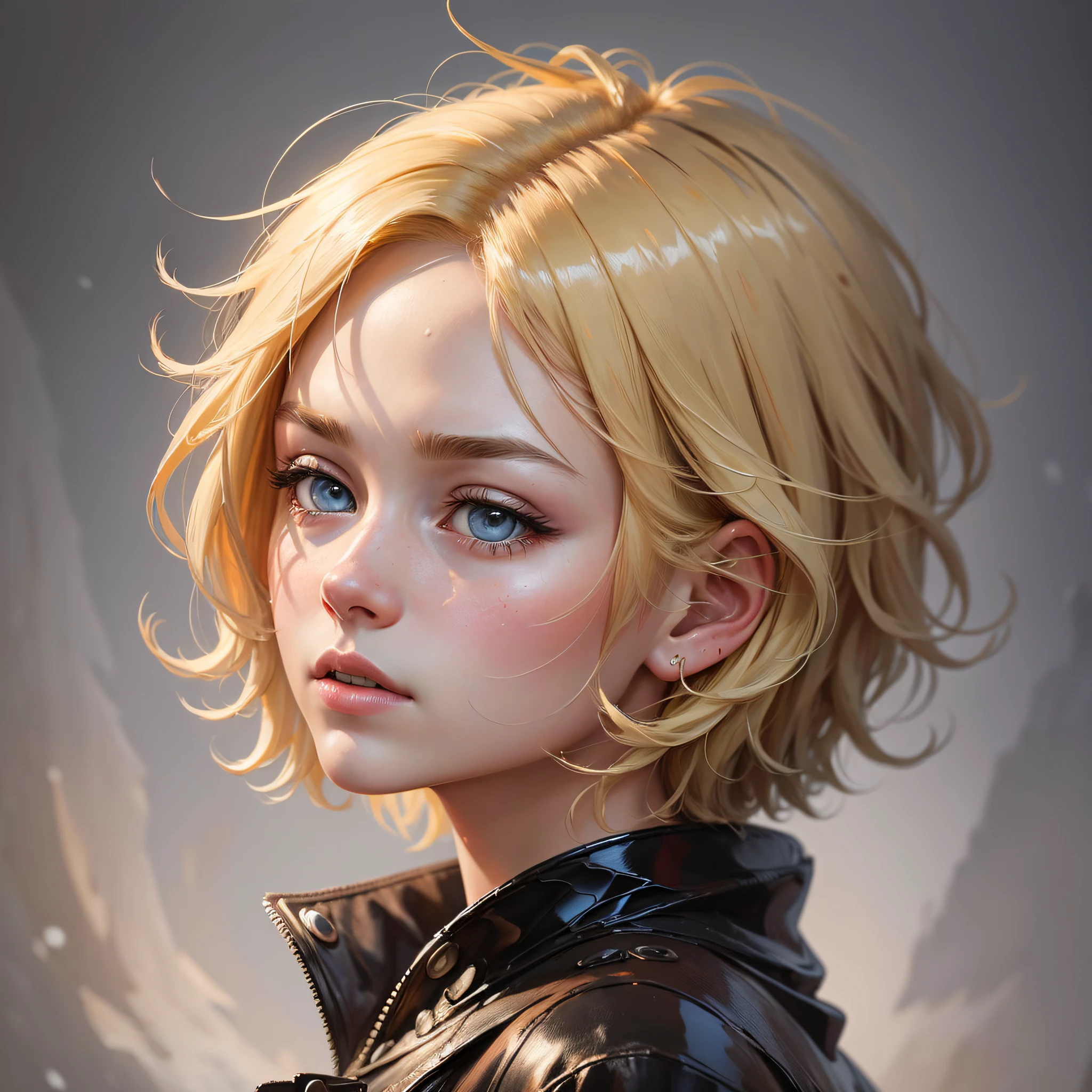 (oil painting, masterpiece, best quality, ultra detailed, focus on character), short blonde hair, ([back:0.8]|[ face facing backwards:1.1]), serious face, ([cold scenario:1.2]|[ snowy background:1.3]| [high contrast:1.1]) --auto --s2