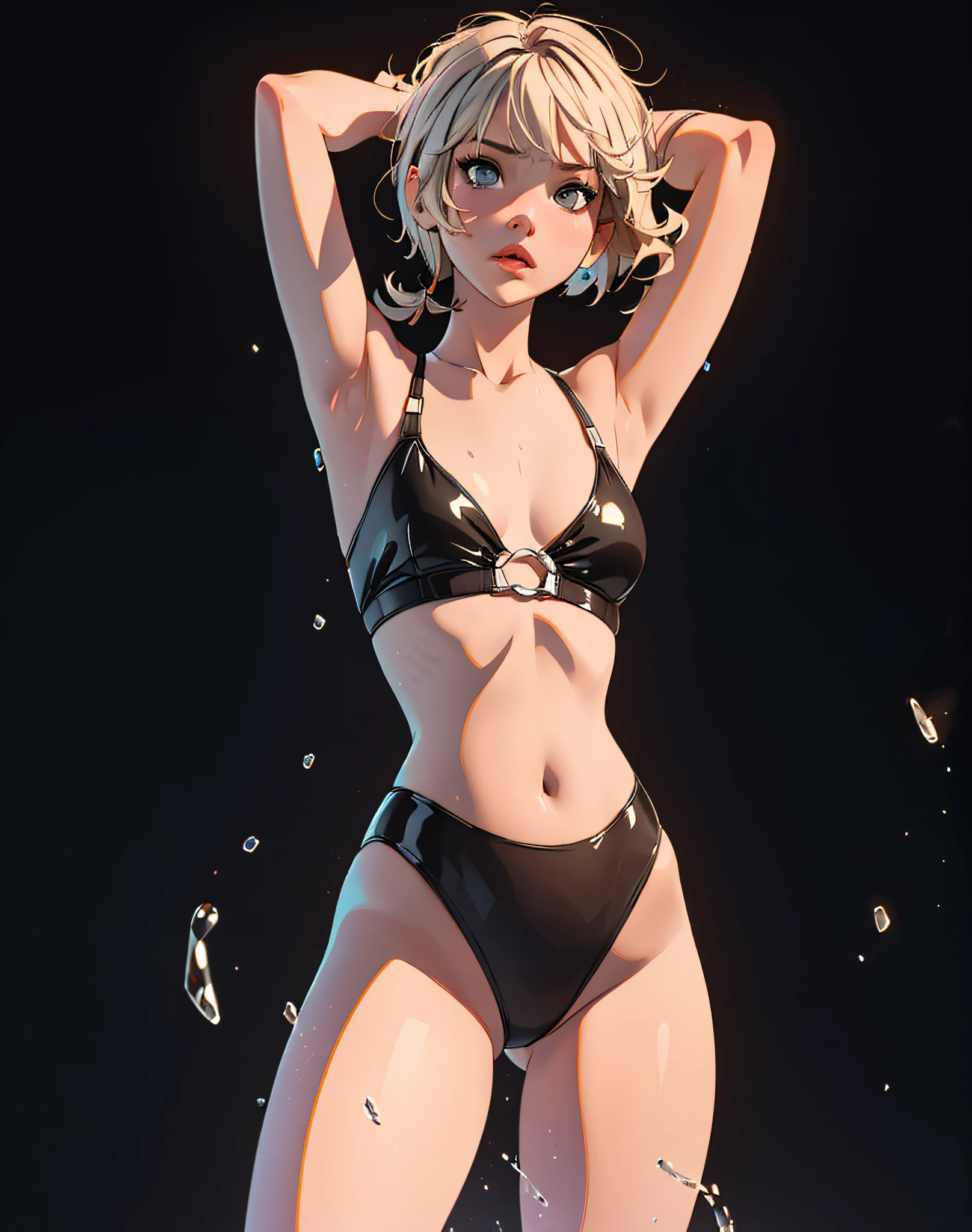 photo of jennifer lawrence, 1girl, solo, (best quality), (masterpiece: 1.1), full body, looking_at_viewer, dynamic angle, black swimsuit, full body shot, clear facial skin, breasts, hard, detailed hands, five fingers on each hand, wide hips, super detailed face, ultra realistic, realistic light, sexy pose, perfect figure, monotonous black background, ((short hair))