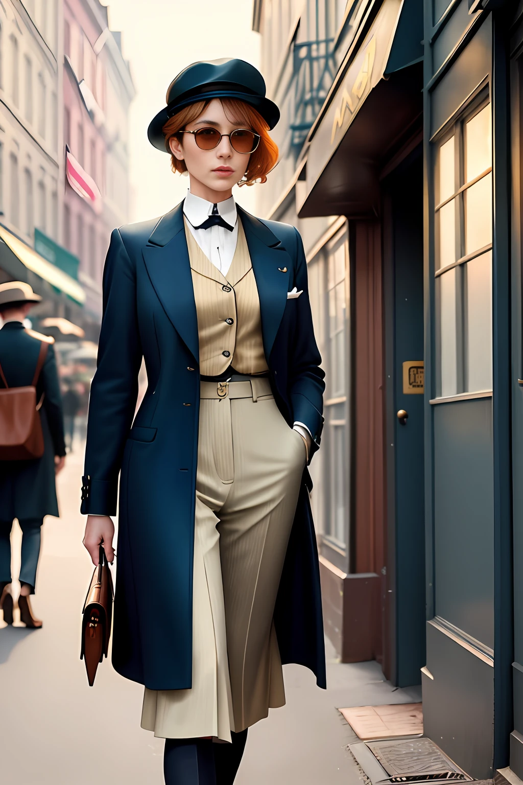Describe a scene where a woman, similar to Polly Gray from Peaky Blinders, is wearing sunglasses and smoking a cigarette. She is dressed in popular and chic clothing from the 1910s. The setting is a typical 1919 street, filled with vintage cars, people wearing period clothes and characteristic buildings. Describe the atmosphere, visual details and personality of the woman as she stands out in this nostalgic setting. 8k ultra HD Vivid colors masterpiece ultra resolution