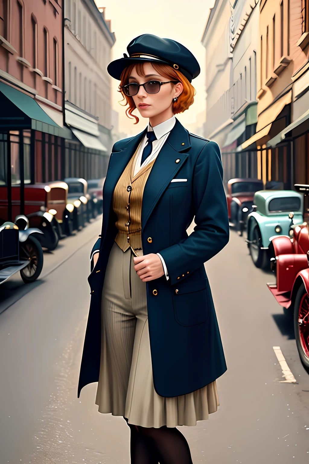 Describe a scene where a woman, similar to Polly Gray from Peaky Blinders, is wearing sunglasses and smoking a cigarette. She is dressed in popular and chic clothing from the 1910s. The setting is a typical 1919 street, filled with vintage cars, people wearing period clothes and characteristic buildings. Describe the atmosphere, visual details and personality of the woman as she stands out in this nostalgic setting. 8k ultra HD Vivid colors masterpiece ultra resolution