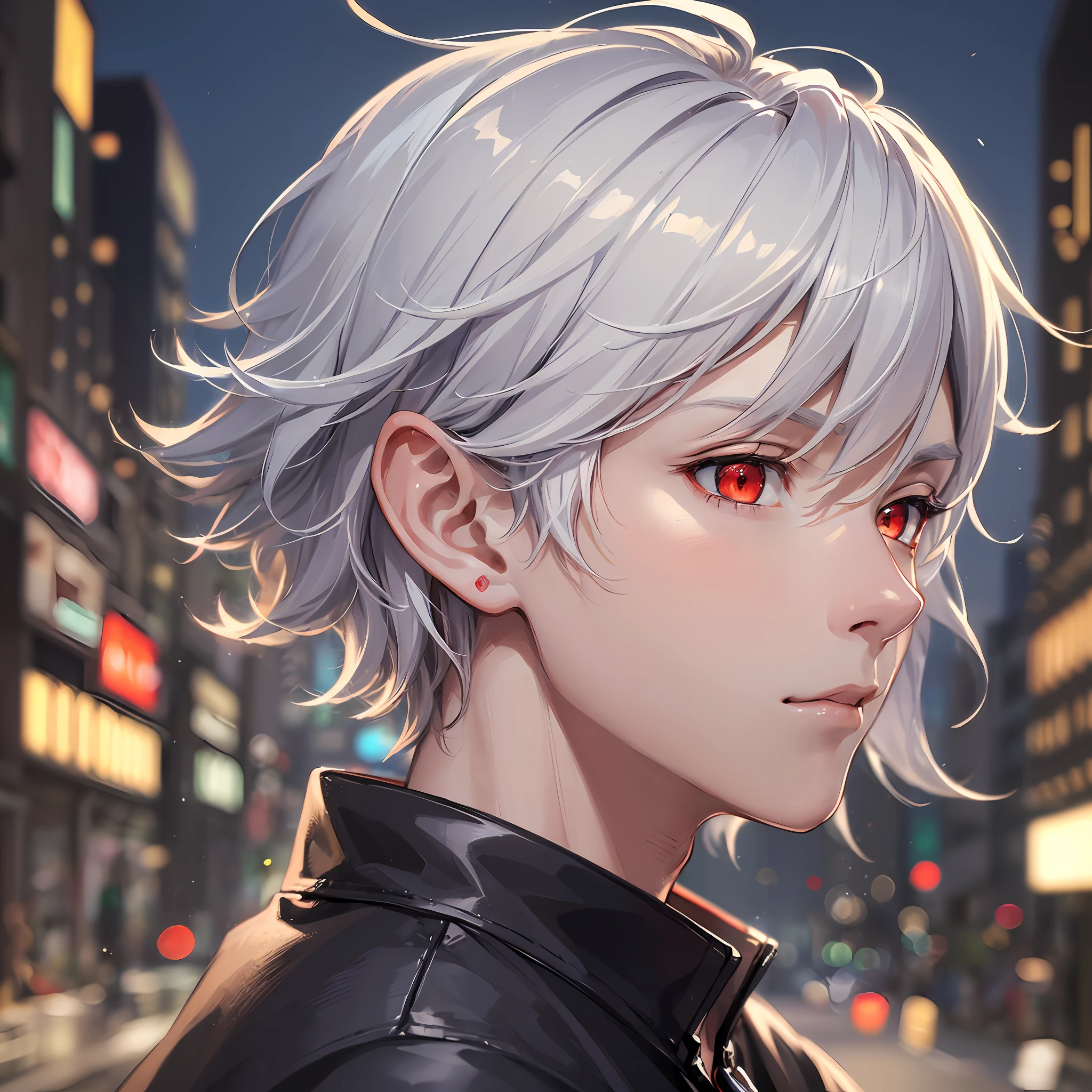 ((masterpiece, pixiv, Niji5:1.2))0.4], (anime:1.1), perfect and beautiful illustration smooth style, night city background, with (almost dark neutral lighting at night), (a boy+man :1.333)0.9], by ((short white hair:1.2)), ((red eyes:1.3)), (portrait style:1.3), focusing on his ((intense bright eyes, fair skin, well-shaped male face: 1.2)) in an abstract illustration (perfect smooth dynamic)