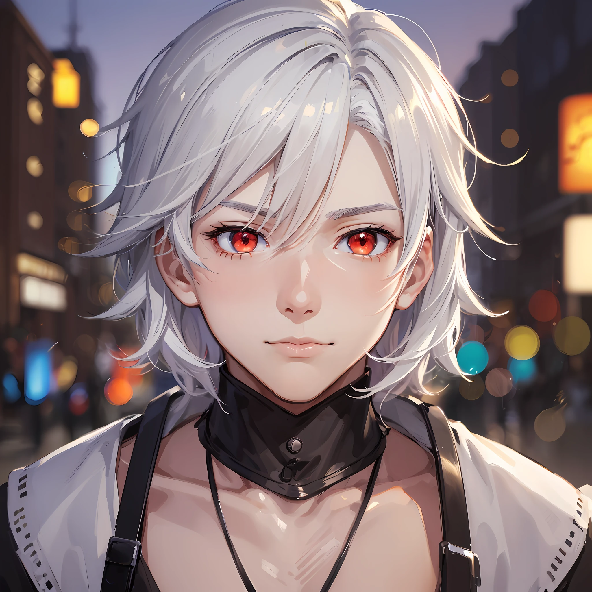 ((masterpiece, pixiv, Niji5:1.2))0.4], (anime:1.1), perfect and beautiful illustration smooth style, night city background, with (almost dark neutral lighting at night), (a boy+man :1.333)0.9], by ((short white hair:1.2)), ((red eyes:1.3)), (portrait style:1.3), focusing on his ((intense bright eyes, fair skin, well-shaped male face: 1.2)) in an abstract illustration (perfect smooth dynamic)