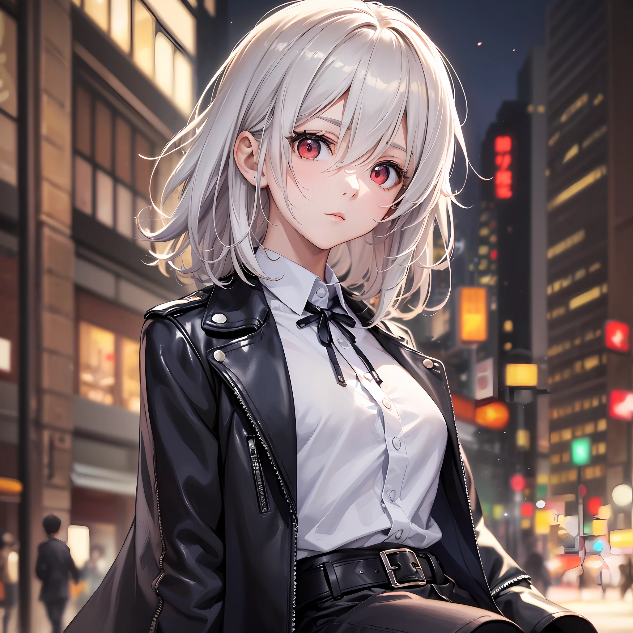 (masterpiece, pixiv, Niji5), (3D anime player), smooth style of beautiful and perfect illustration, city background at night, with (almost dark neutral lighting at night), ((a boy:1.3)) of (short white hair), (red eyes), (portrait style), focusing on it (intense bright eyes, fair skin, well-drawn face:1.2) in a smooth and smooth dynamic abstract illustration, Her clothes are simple but comfortable, a long-sleeved blouse along with a black leather jacket, her intense gaze looking straight ahead