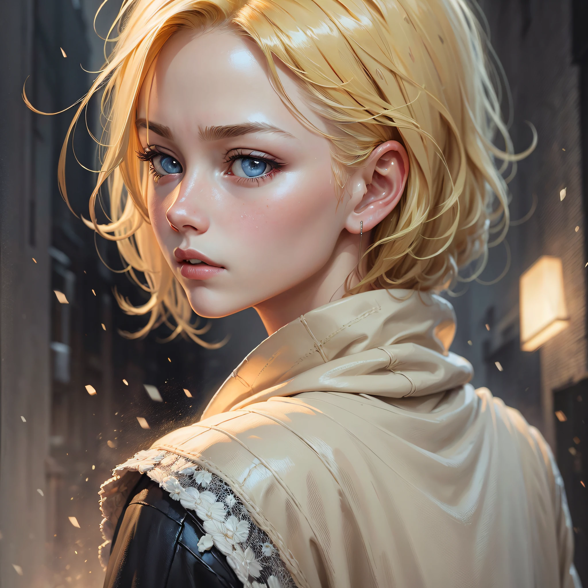 (oil painting, masterpiece, best quality, ultra detailed, focus on character), short blonde hair, eyes pulled,([back:0.8]|[ face facing backwards:1.1]), serious face, ([cold scenario:1.2]|[ snowy background:1.3]| [high contrast:1.1]) --auto --s2