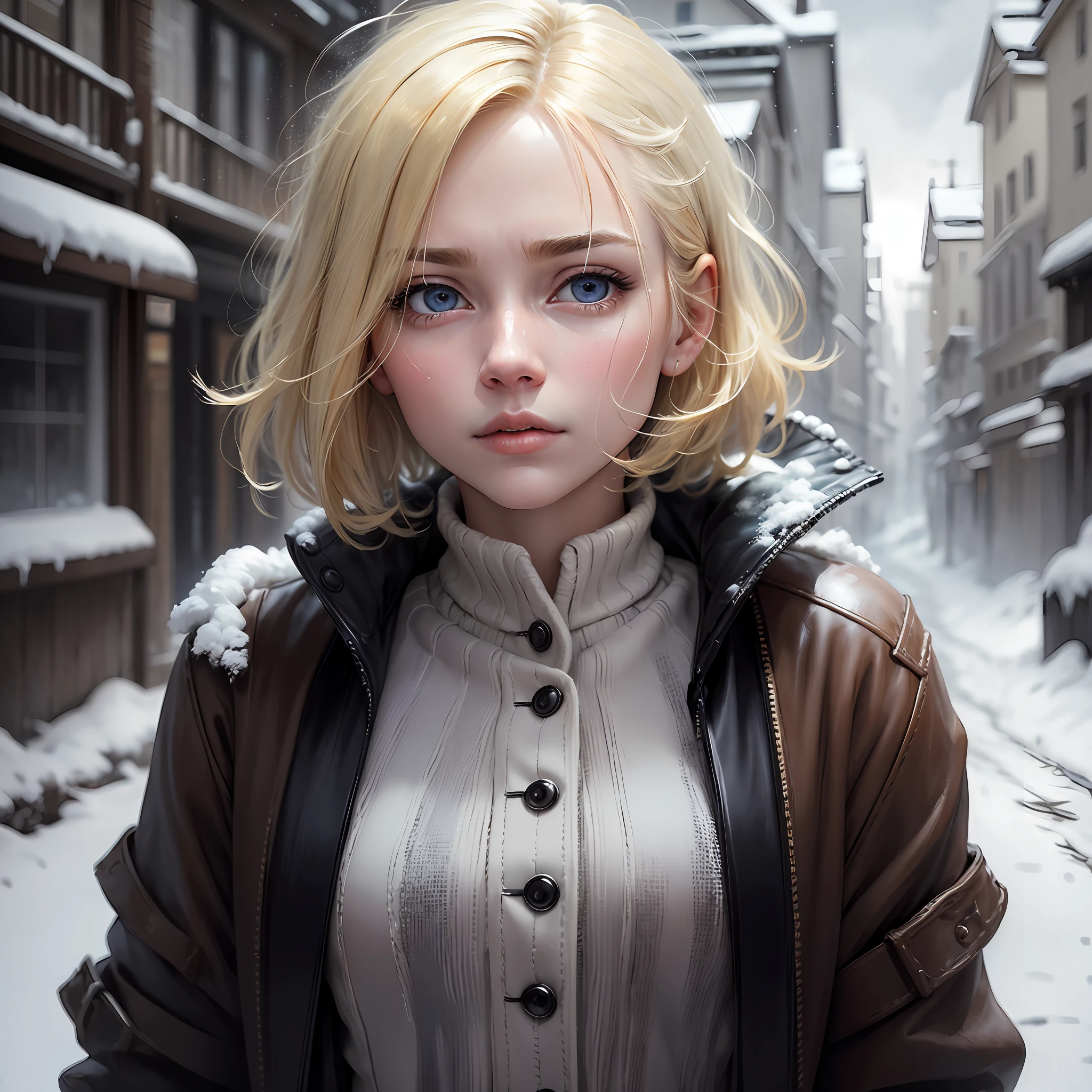 (oil painting, masterpiece, best quality, ultra detailed, focus on character), short blonde hair, eyes pulled,([back:0.8]|[ face facing backwards:1.1]), serious face, ([cold scenario:1.2]|[ snowy background:1.3]| [high contrast:1.1]) --auto --s2