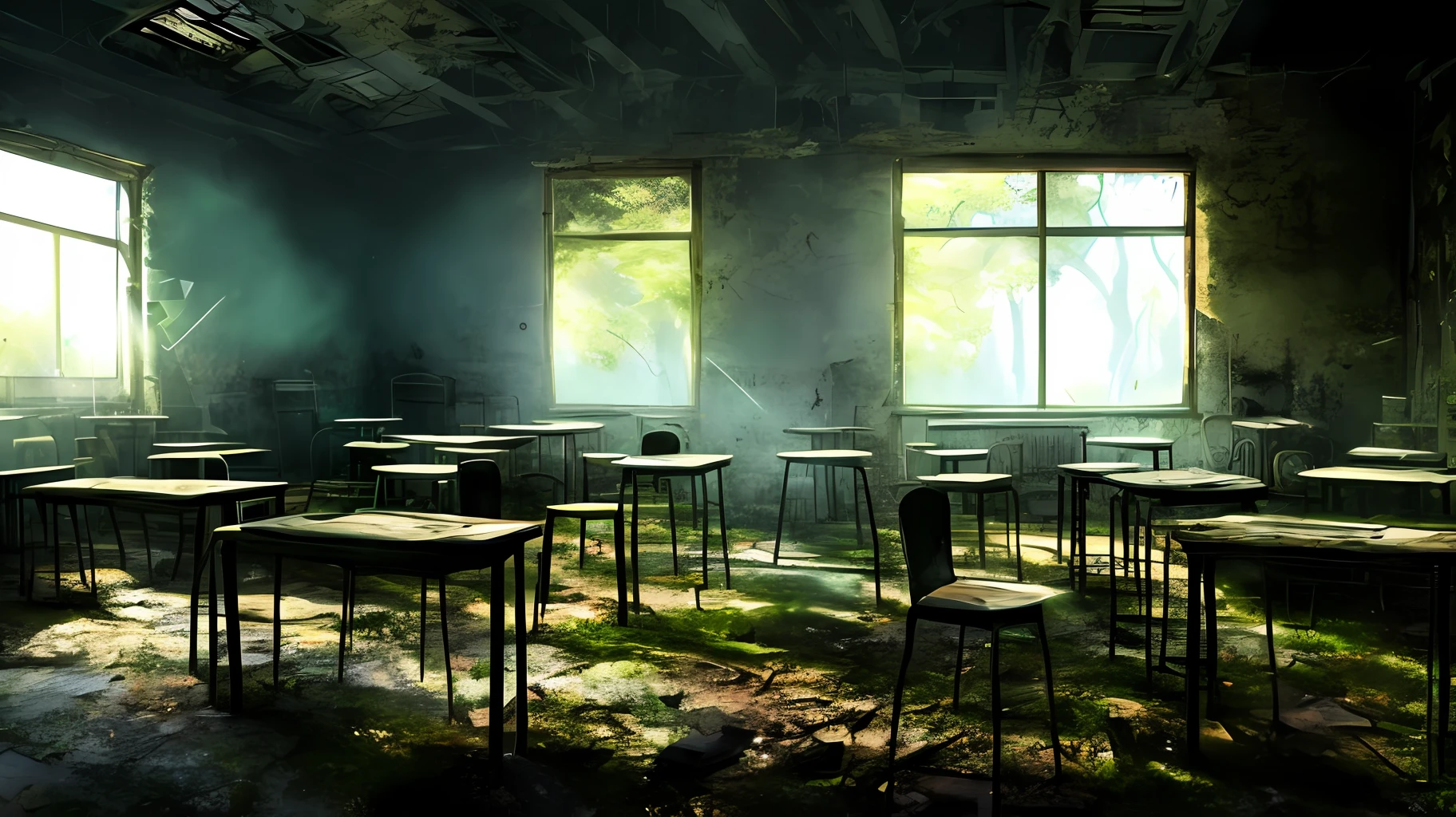 wallpaper, a ruined (mossy:0.8) classroom, anime art, volumetric fog, fantasy, fantastic style, beam of light from window, cracked chalkboard, deserted, old, broken chairs and tables