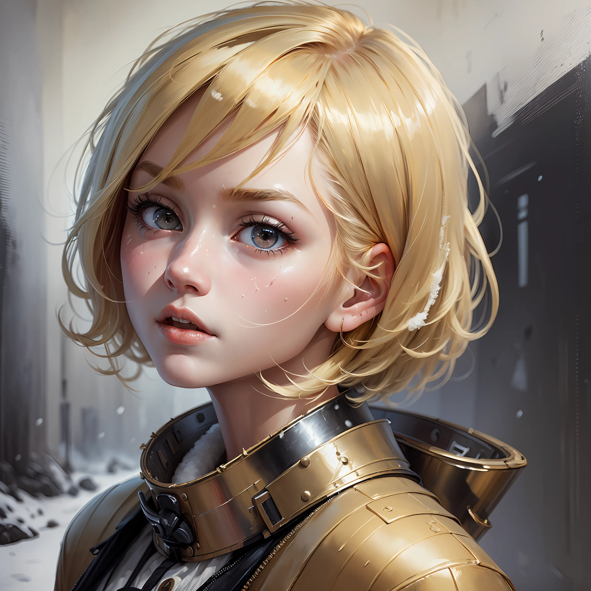 (oil painting, masterpiece, best quality, ultra detailed, focus on character), short blonde hair, eyes smeared,([back:0.8]|[ face facing backwards:1.1]), serious face, ([cold scenario:1.2]|[ snowy background:1.3]| [high contrast:1.1]) --auto --s2