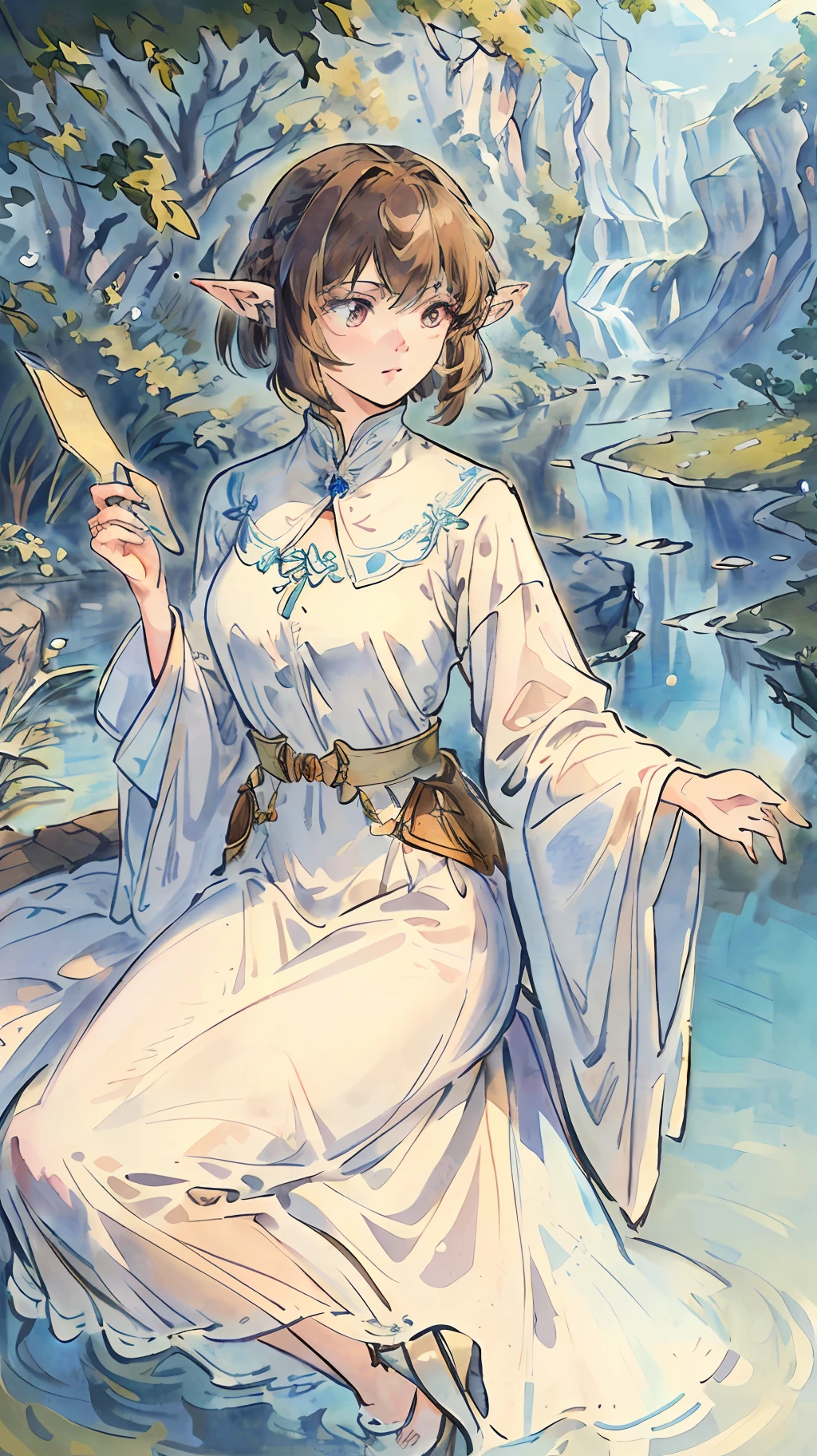 (extremely detailed CG unit 8k wallpaper: 1.5), <(masterpiece: 1.5), (best quality: 1.7), high resolution illustration, (finely detailed eyes and detailed face: 1.3), (detail: 1.3, best quality, (ultra-detailed), (an extremely delicate and beautiful), (illustration), (painting),(masterpiece: 1.5), cinematic light, dynamic angle, floating, sharp focus, (2d: 1.7), (best quality: 1.3), (illustration: 1.1),(short shaggy dark blonde hair: 1.2),(beautiful light brown detailed eyes:1.1), (cinematic light:1.1), wearing a long transparent white dress, (blue lake with nature: 1.5), (elf ears:1.1)