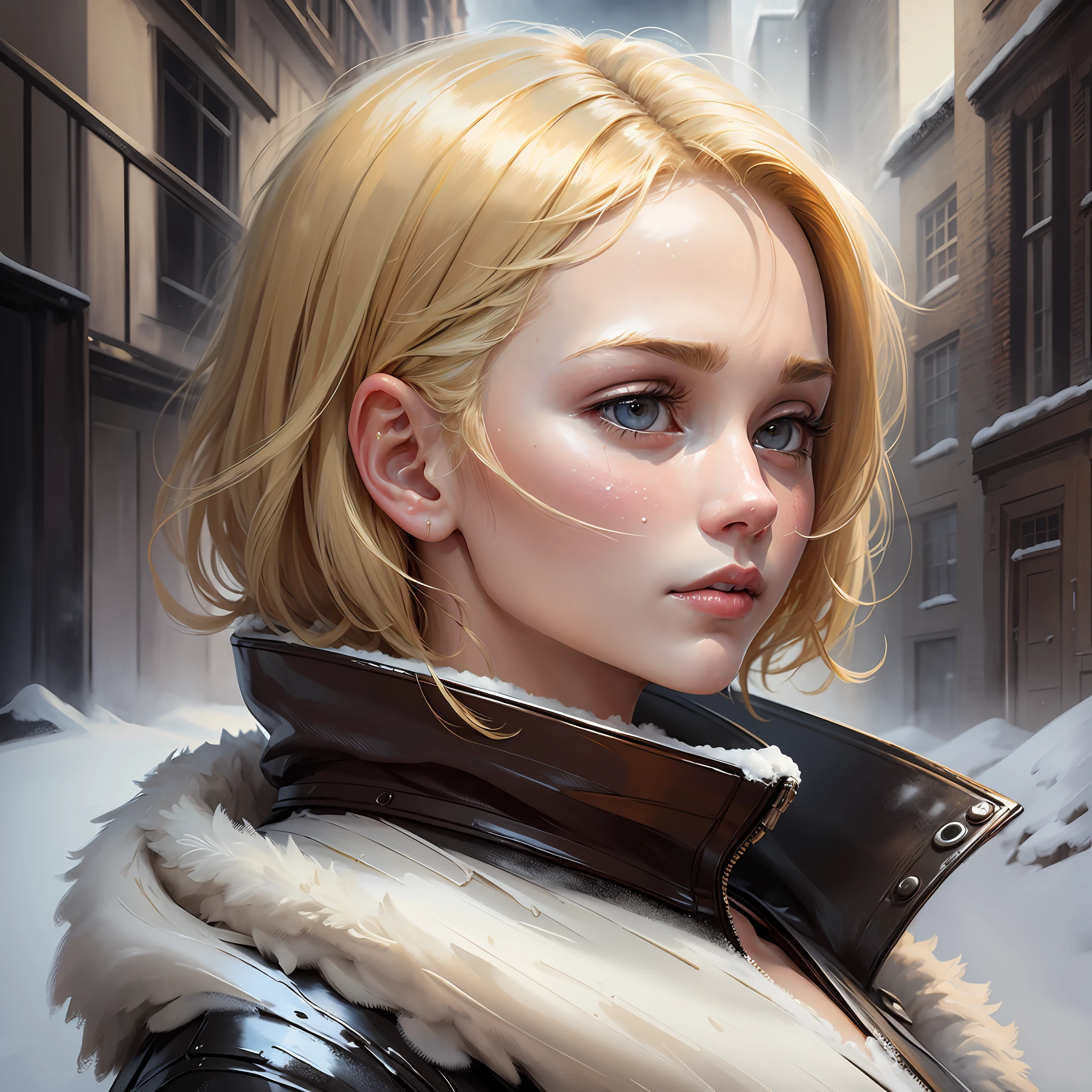 (oil painting, masterpiece, best quality, ultra detailed, focus on character), short blonde hair, ([back:0.8]|[ face facing backwards:1.1]), serious face, ([cold scenario:1.2]|[ snowy background:1.3]| [high contrast:1.1]) --auto --s2