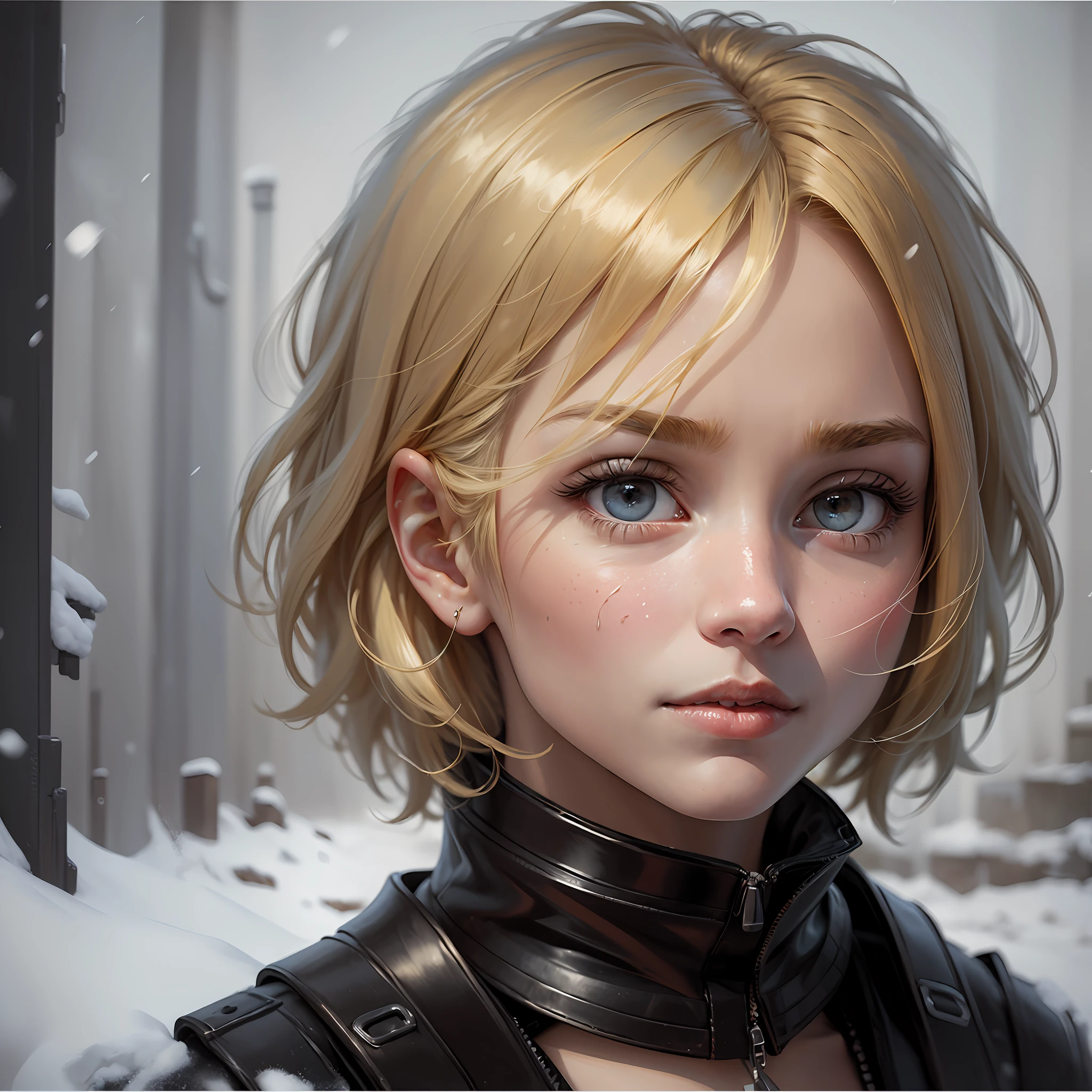 (oil painting, masterpiece, best quality, ultra detailed, focus on character), short blonde hair, ([back:0.8]|[ face facing backwards:1.1]), serious face, ([cold scenario:1.2]|[ snowy background:1.3]| [high contrast:1.1]) --auto --s2