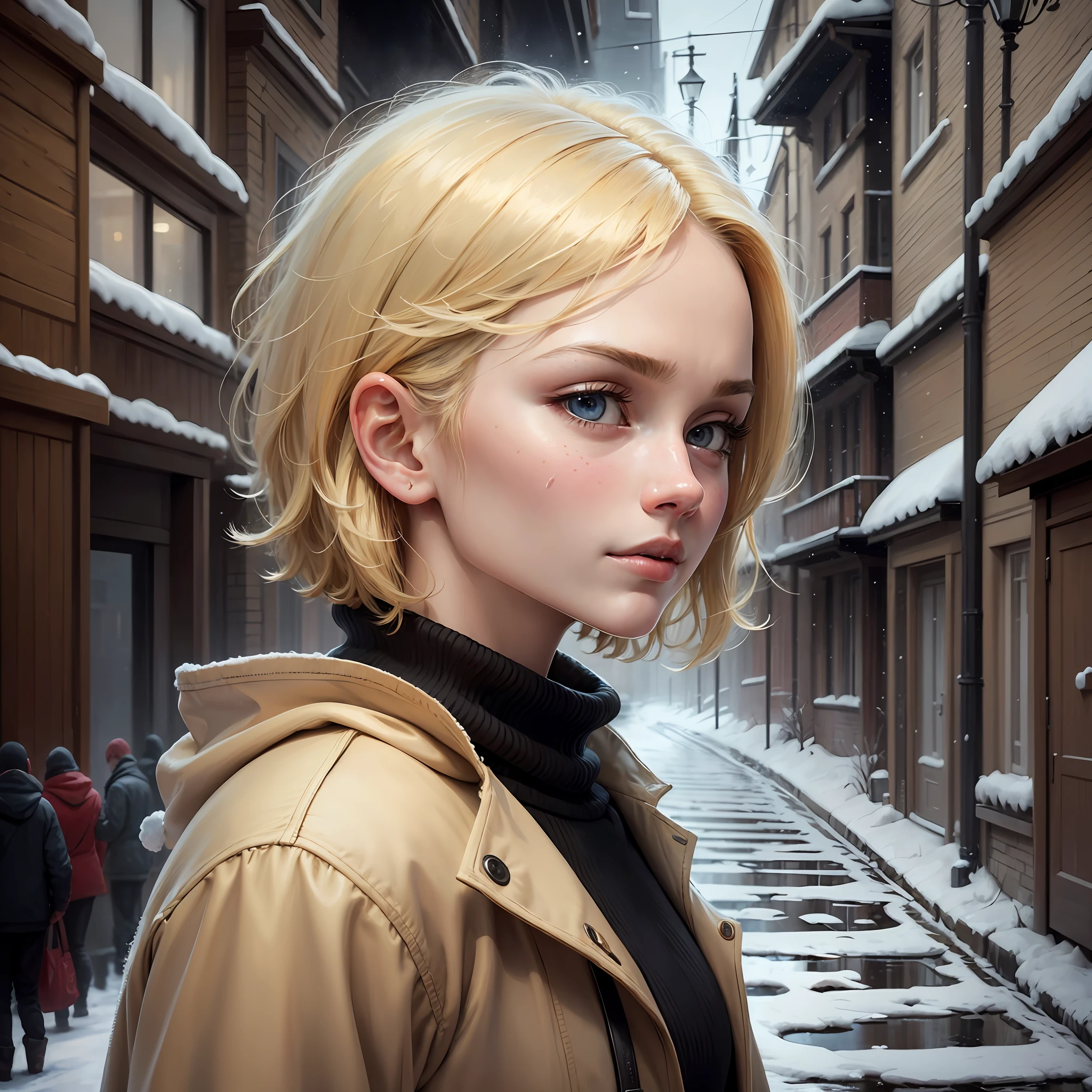 (oil painting, masterpiece, best quality, ultra detailed, focus on character), short blonde hair, ([back:0.8]|[ face facing backwards:1.1]), serious face, ([cold scenario:1.2]|[ snowy background:1.3]| [high contrast:1.1]) --auto --s2
