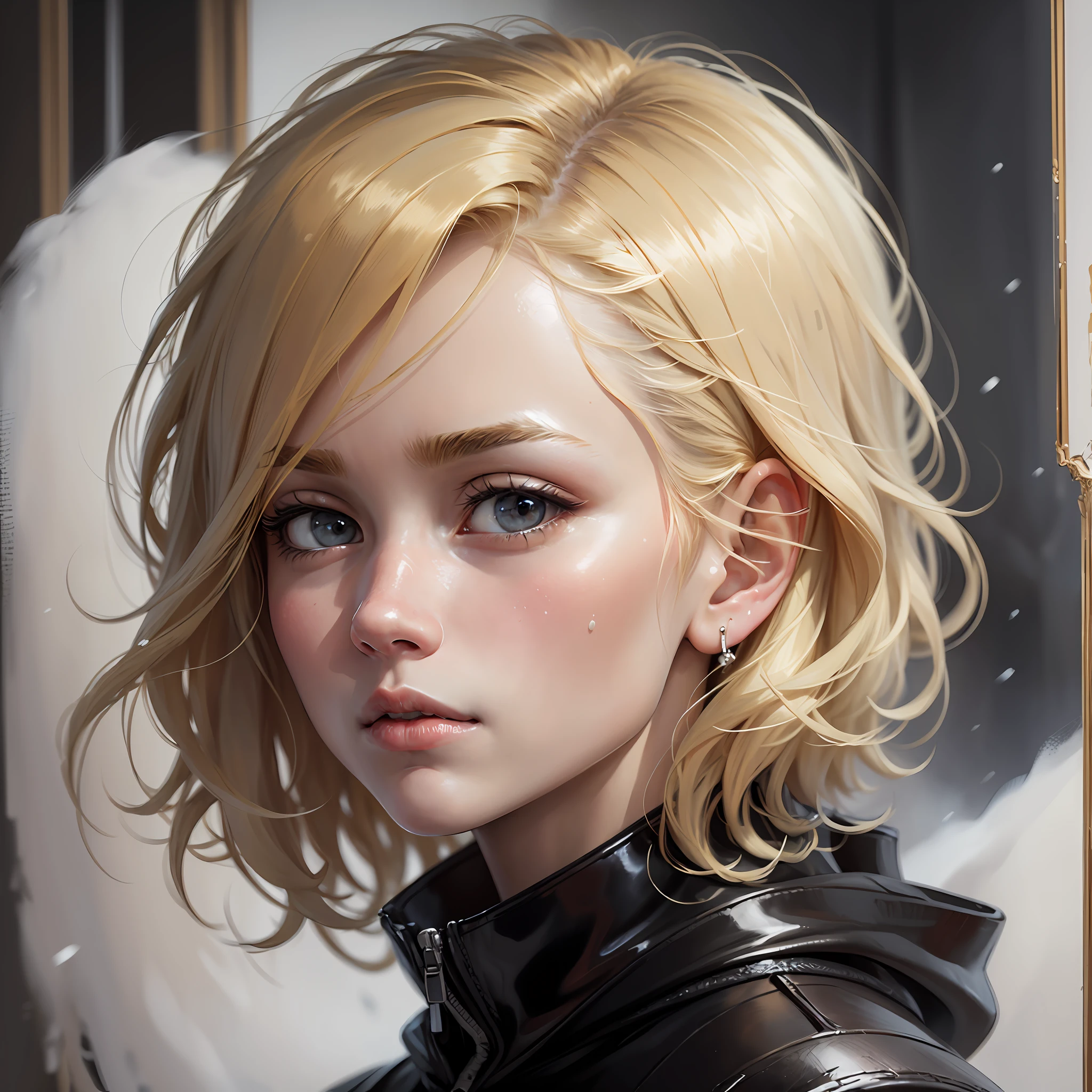 (oil painting, masterpiece, best quality, ultra detailed, focus on character), short blonde hair, ([back:0.8]|[ face facing backwards:1.1]), serious face, ([cold scenario:1.2]|[ snowy background:1.3]| [high contrast:1.1]) --auto --s2