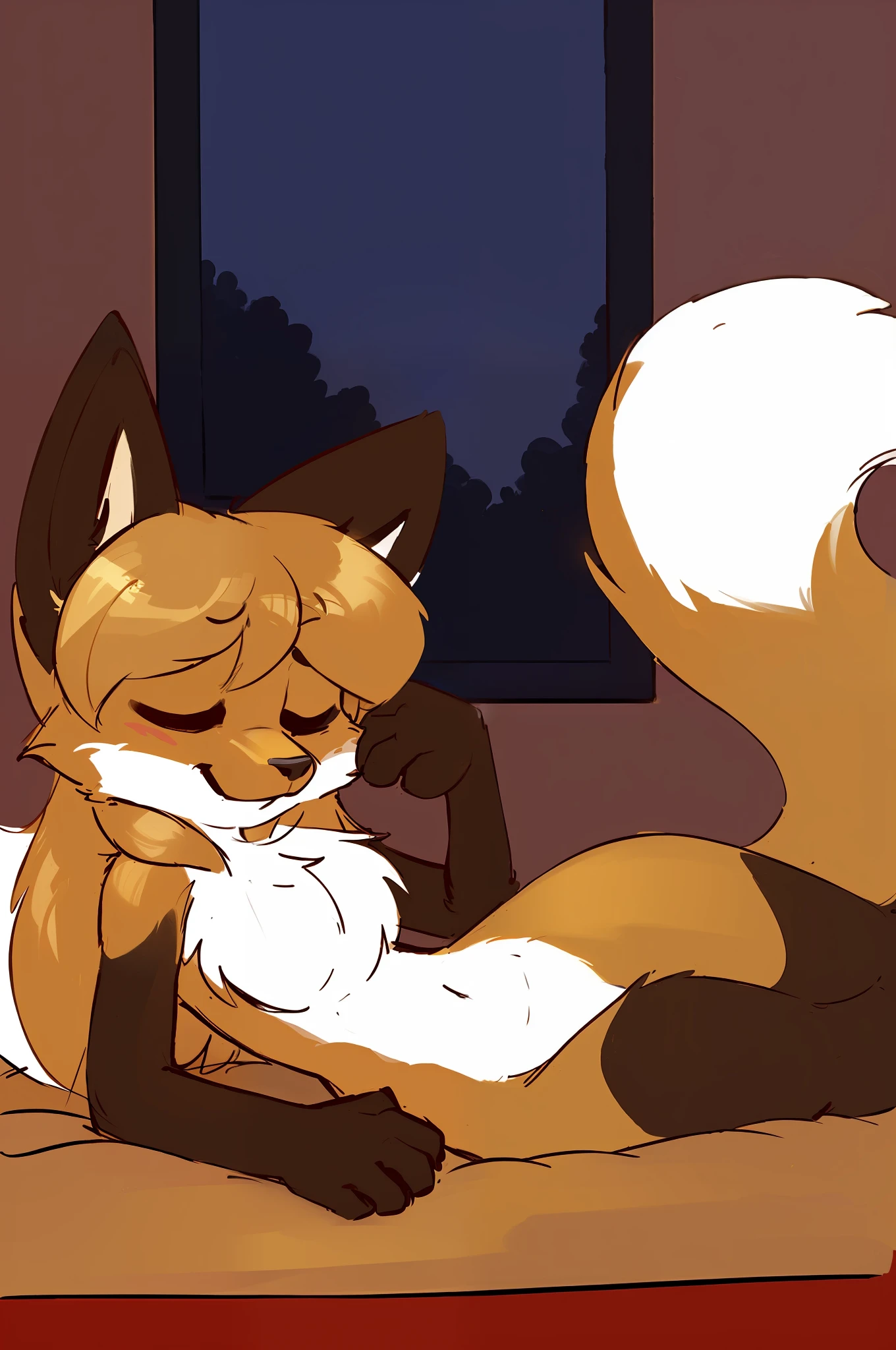averi, fox girl, big chest, bedroom, lying on the bed, eyes closed, relaxed body, night, suggestive pose, sexy, sensual, detailed, uploaded to e621, beautiful and detailed portrait of a (((female))) anthropomorphic vixen, kenket, Ross Tran,ruan jia, uploaded to e621, zaush, foxovh, cinematic lighting