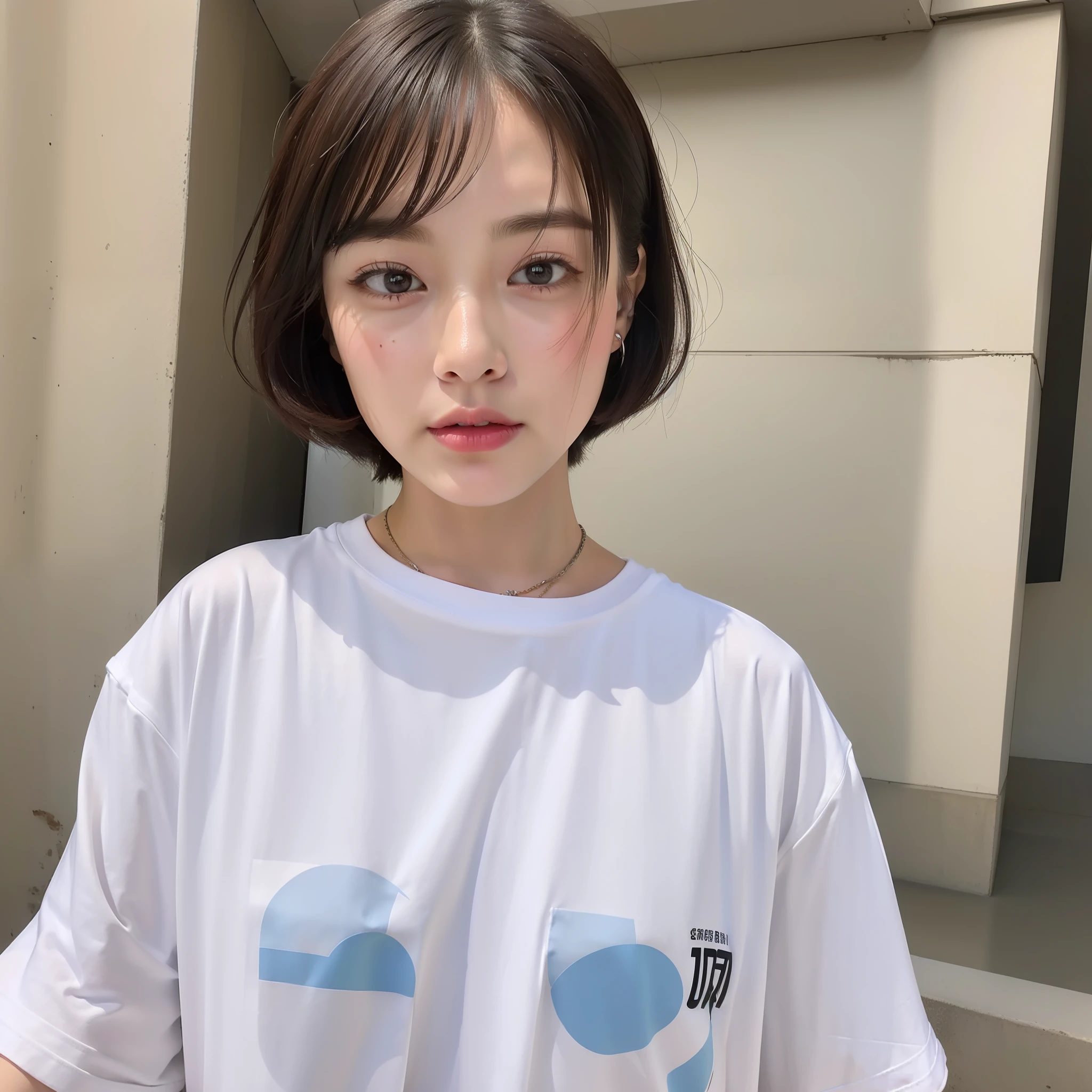 ((8k:1.27), top quality, masterpiece, super high definition: 1.2), 1 girl, solo, instagram photos, street snaps, cute Japan women pictures (beautiful: 1.1), t-shirts, oversized t-shirts, (large t-shirts: 2), black t-shirts, band t-shirts, graphic t-shirts, logo design t-shirts, heavyweight t-shirts, Highly detailed face and skin texture, delicate eyes, double eyelids, whitening skin, (round face: 1.5), short hair, short hair, Japan streetwear, cute casual streetwear, sophisticated gravure idol, wearing an oversized T-shirt,