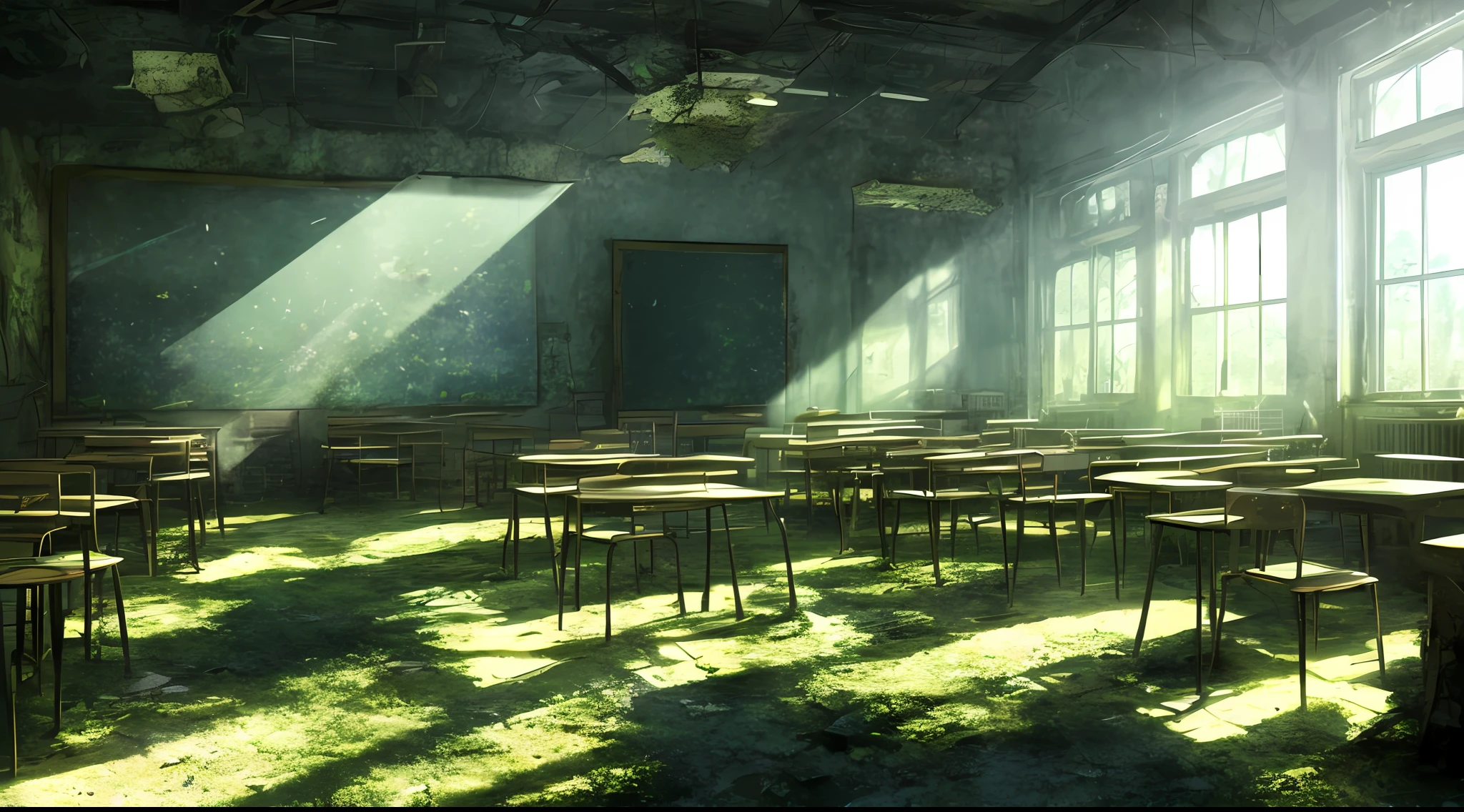 wallpaper, a ruined (mossy:0.8) classroom, anime art, volumetric fog, fantasy, fantastic style, beam of light from window, cracked chalkboard, deserted, old, broken tables and chairs, claustrophobic