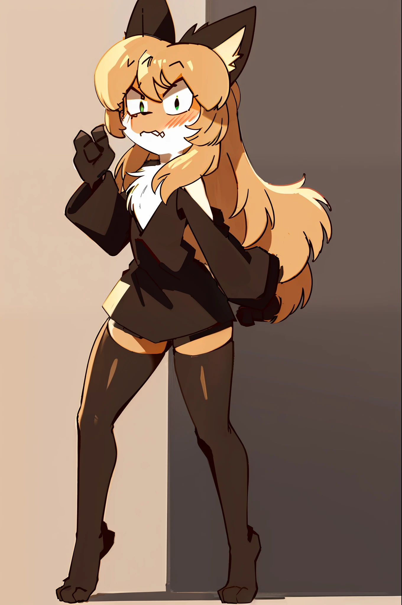 Averi, Fox girl, big chest, embarrassment, looking away, black sleeveless shirt, black shorts, black high stockings, detailed, solo, 1girl, full body, city, night