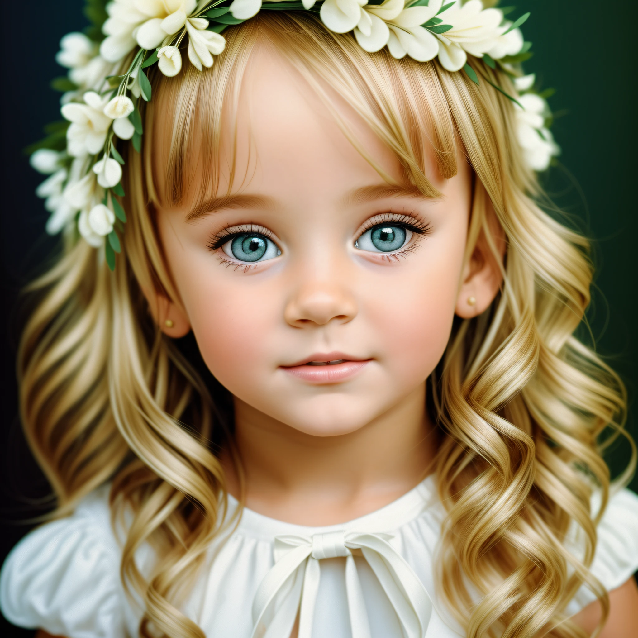 Blonde haired girl with a white dress and a wreath, young JonBenét Ramsey, year 1996 Colorado United States, hyper realism, hyperrealistic, photorealistism, realistic, , toder, 90s