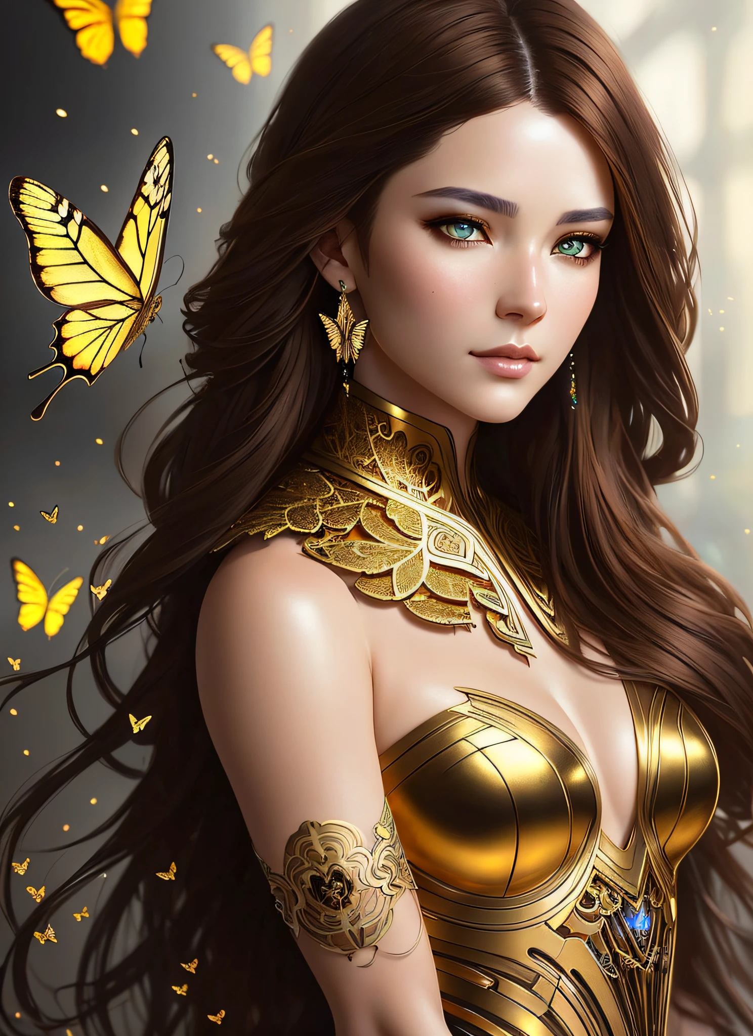 8k portrait of beautiful cyborg with brown hair, intricate, elegant, highly detailed, majestic, digital photography, art by artgerm and ruan jia and greg rutkowski surreal painting gold butterfly filigree, broken glass, (masterpiece, sidelighting, finely detailed beautiful eyes: 1.2), hdr,