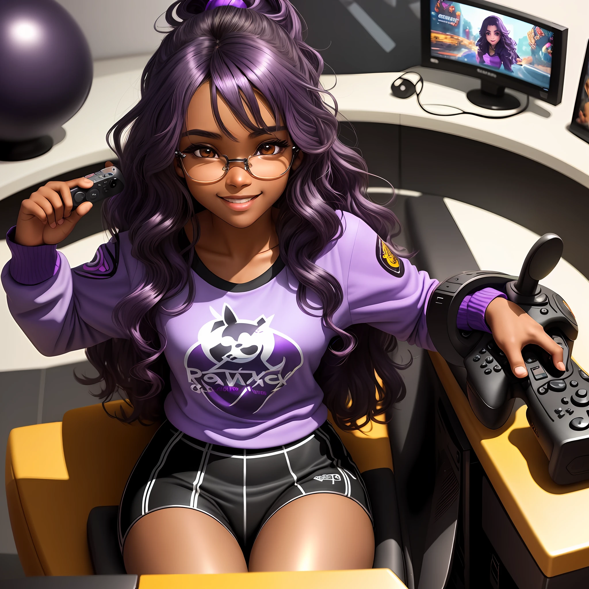 A cute girl with brown skin, sexy body, wavy purple hair [with shades of black], golden eyes (shiny), ultra realistic eyes, playing video games alone, smile, sitting in a chair, and holding a video game controller, round face, realistic lighting, Radiosity, Close UP.
