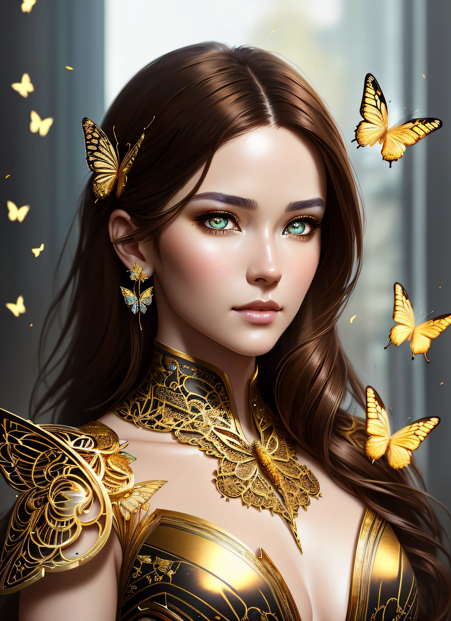 8k portrait of beautiful cyborg with brown hair, intricate, elegant, highly detailed, majestic, digital photography, art by artgerm and ruan jia and greg rutkowski surreal painting gold butterfly filigree, broken glass, (masterpiece, sidelighting, finely detailed beautiful eyes: 1.2), hdr,