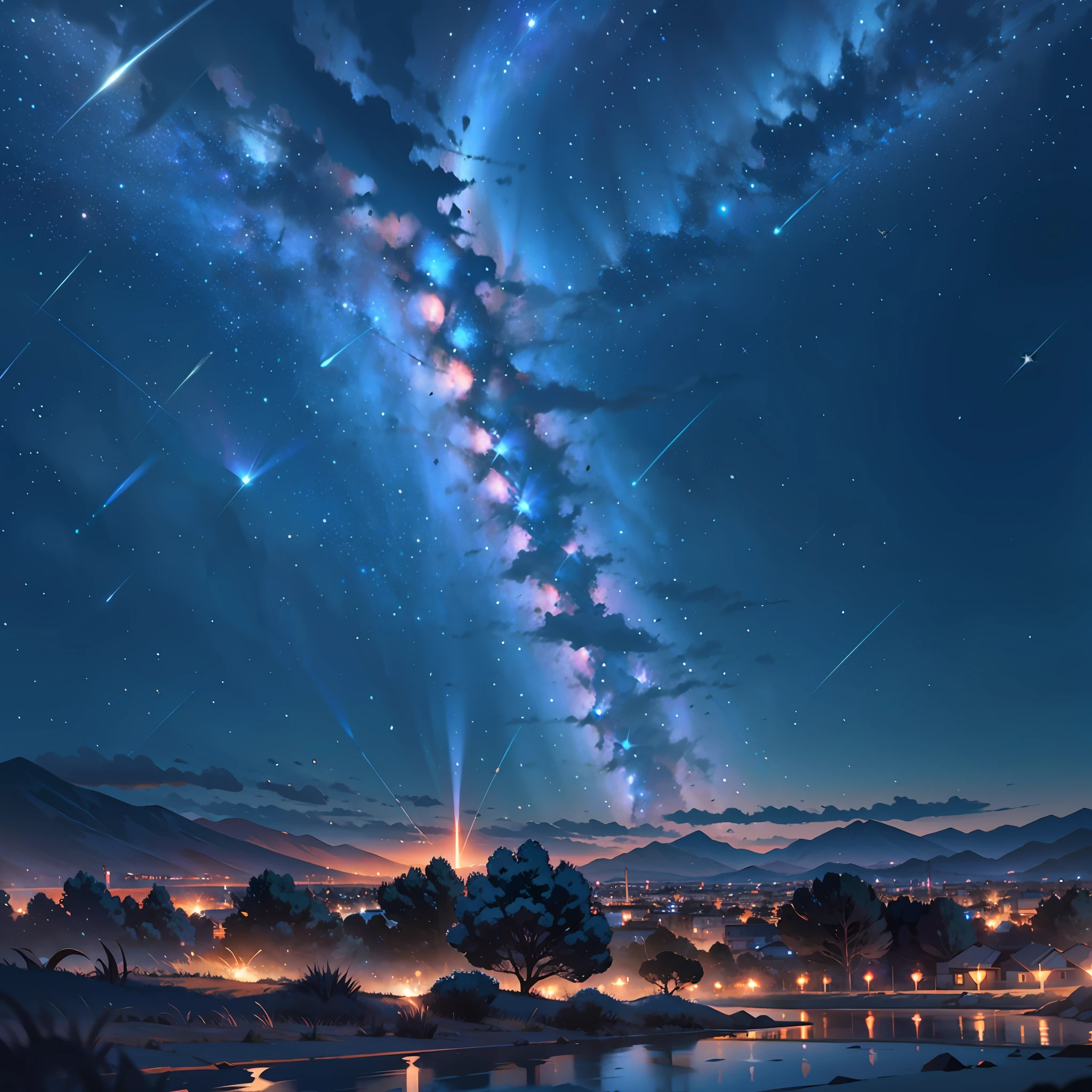 A big blue comet in Tyre, a big red comet in Tyre, night sky, vast horizon, houses on the horizon, mountains in the distance, amazing dark blue sky.