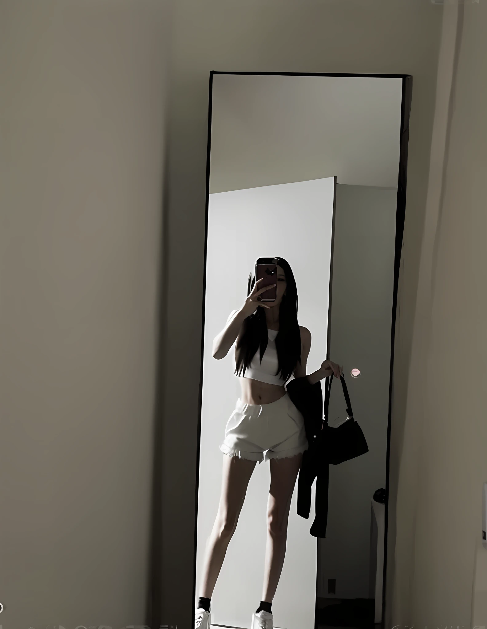 There is a woman taking a picture of herself in the mirror, her wardrobe is attractive, standing in front of the mirror, mirror selfie, in white clothes, bra and shorts street clothes, in tops and shorts, very sexy outfit, 2 4 years old female model, white skirt and nudity, in a white skirt, in a camisole and shorts,