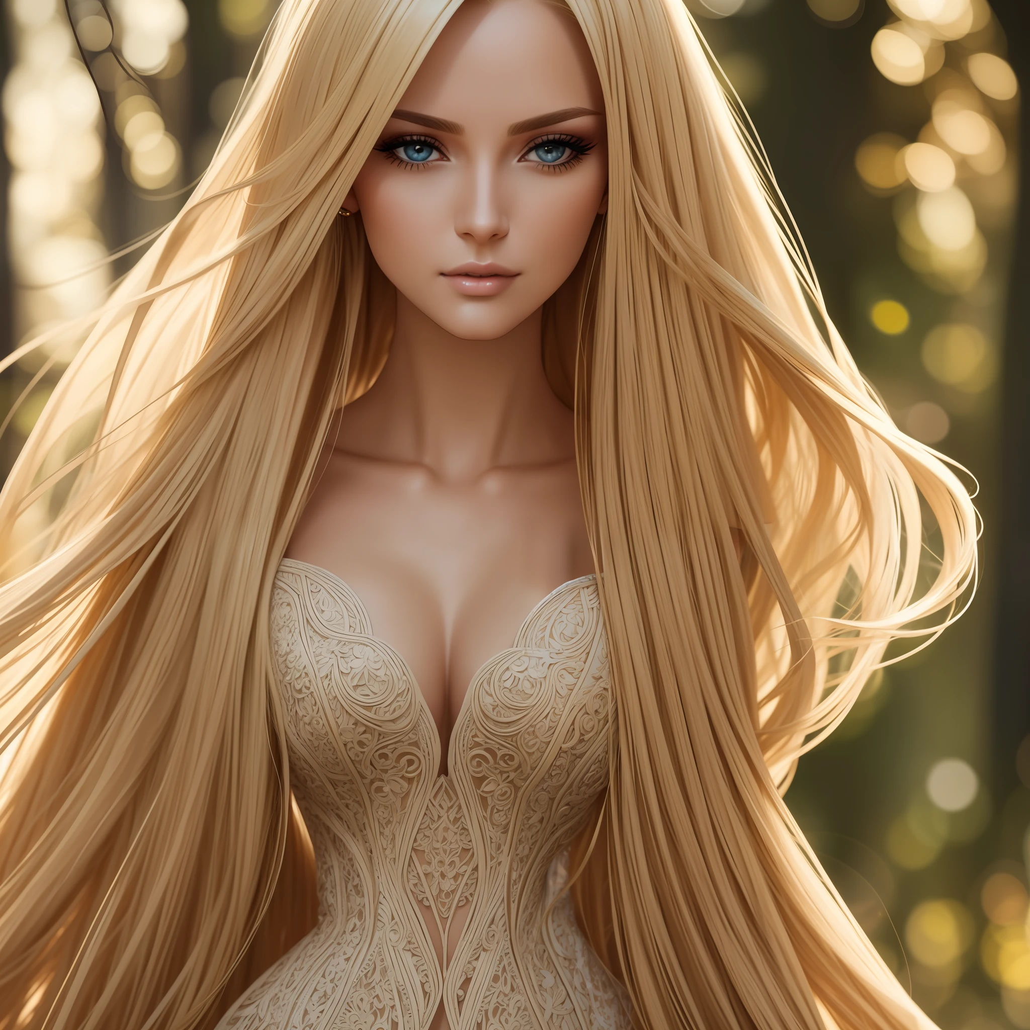 Photograph of an exposed blonde woman with natural skin, long and voluminous hair, sharp eyes, a thin and upturned nose, shapely lips, and an hourglass figure, wearing typical clothes and makeup. It must be intricately maximalist-detailed, vibrant, epic, smooth, cinematic, HD, backlit, and have a shallow depth of field.