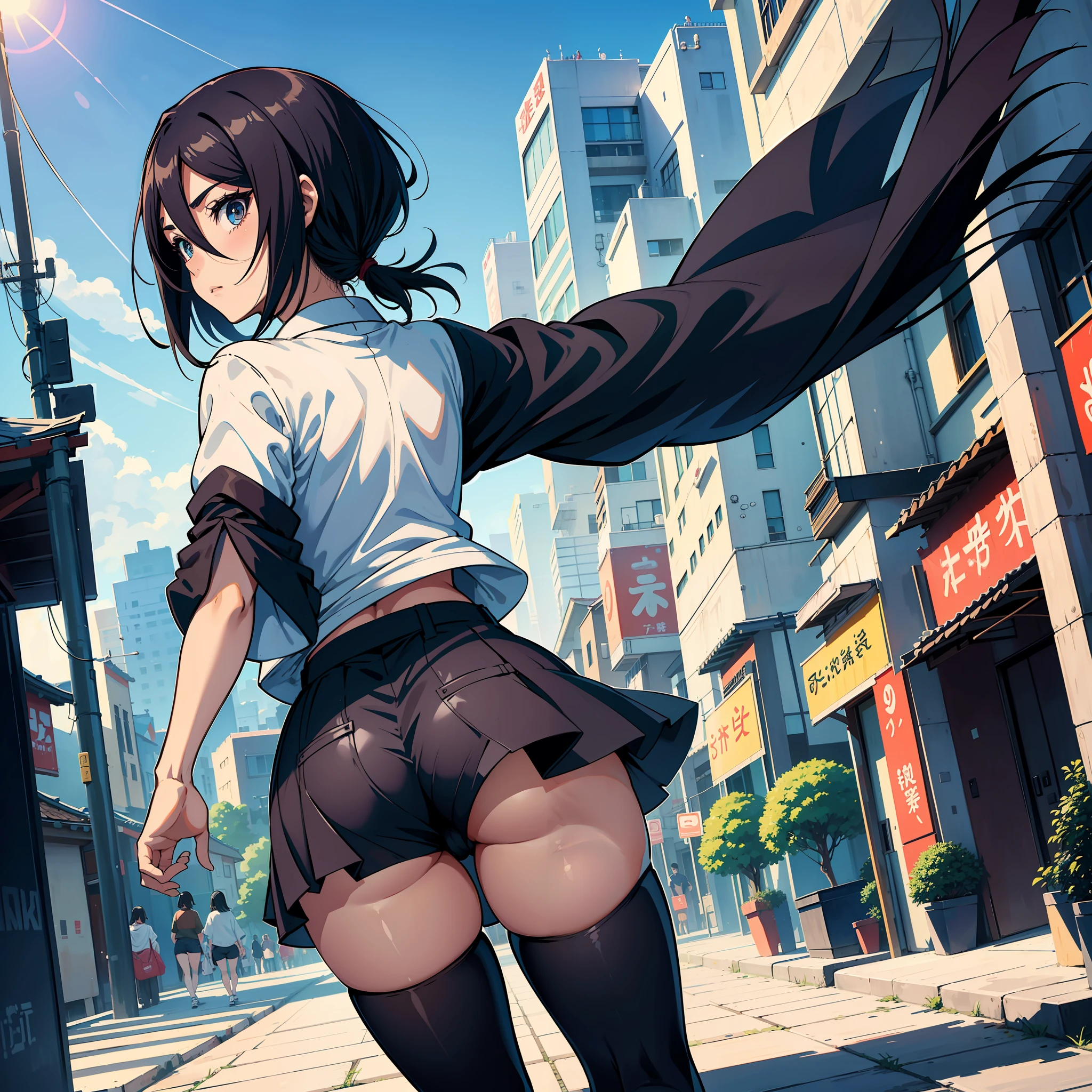 solo, Rukia_Kuchiki (cabelo preto curto, seios pequenos), tight shorts and top, photo from behind, cute ass, japanese city