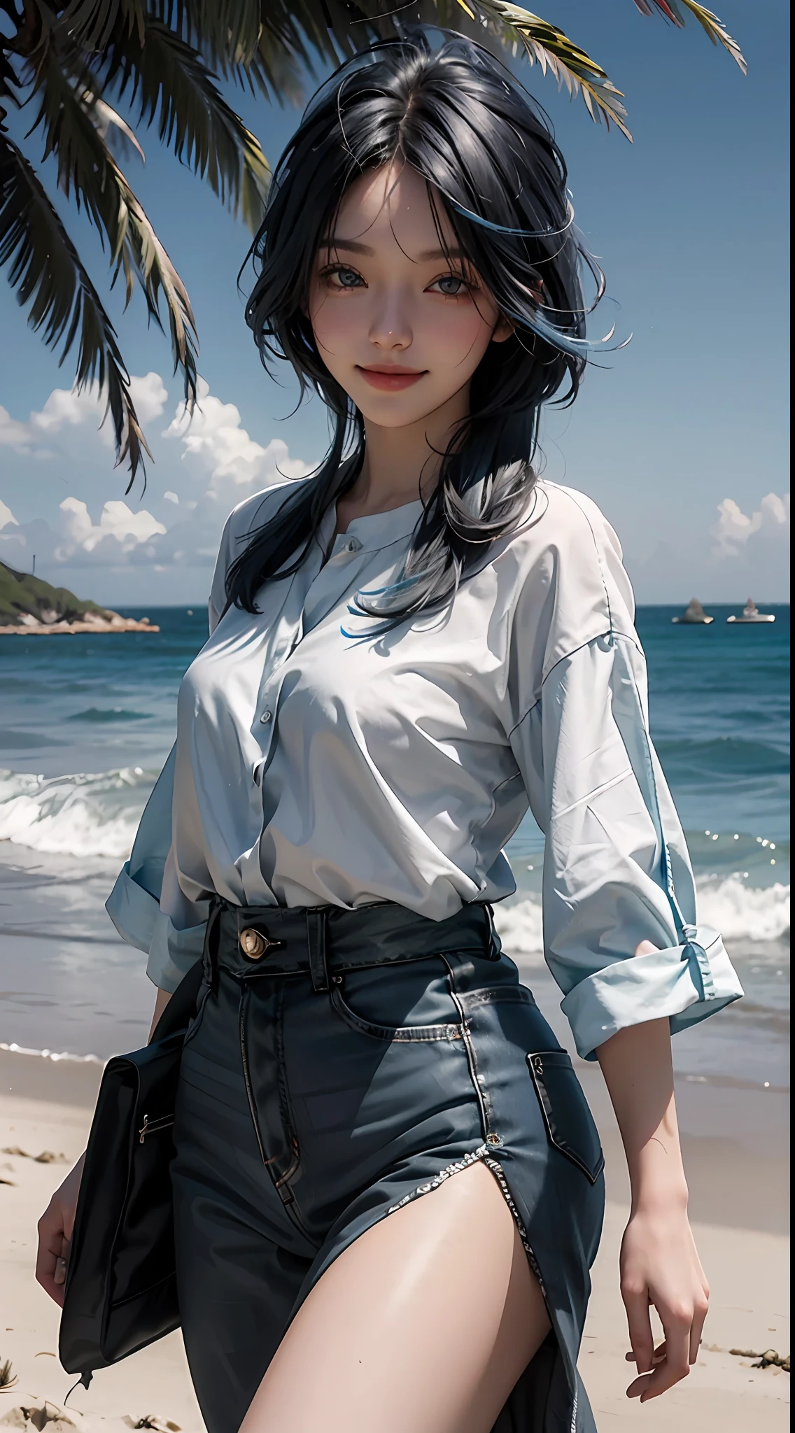 Pretty female, windblow blue hair, glowing black eyes, realistic, masterpiece, white skin, little smile, beach background, 4k, high detailed, high detailed light