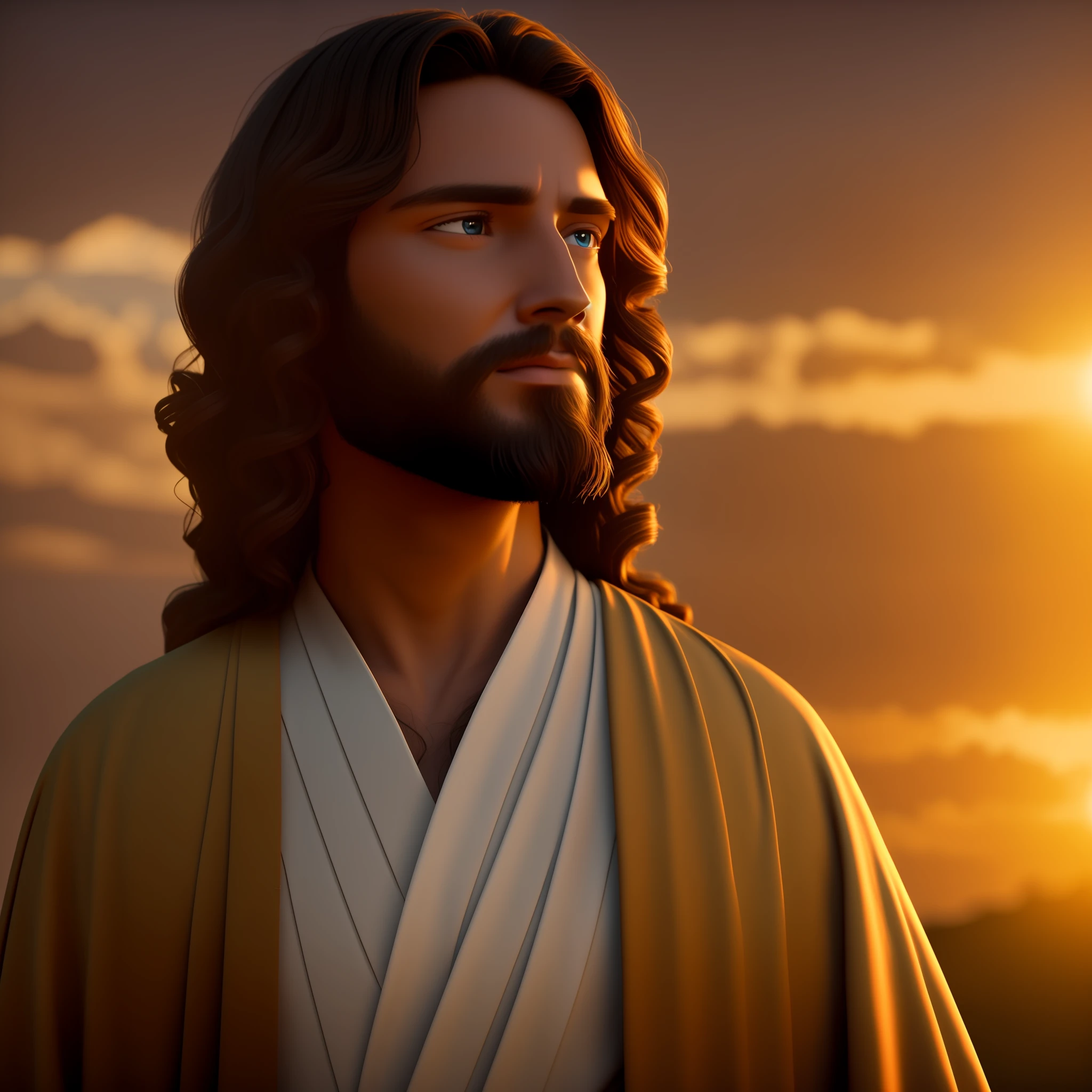 Jesus God Identity, Kindness, Eyes Looking at Screen, Young Jesus God, Warm Robe, Loose Hair, No Silhouette, 3D, 8K