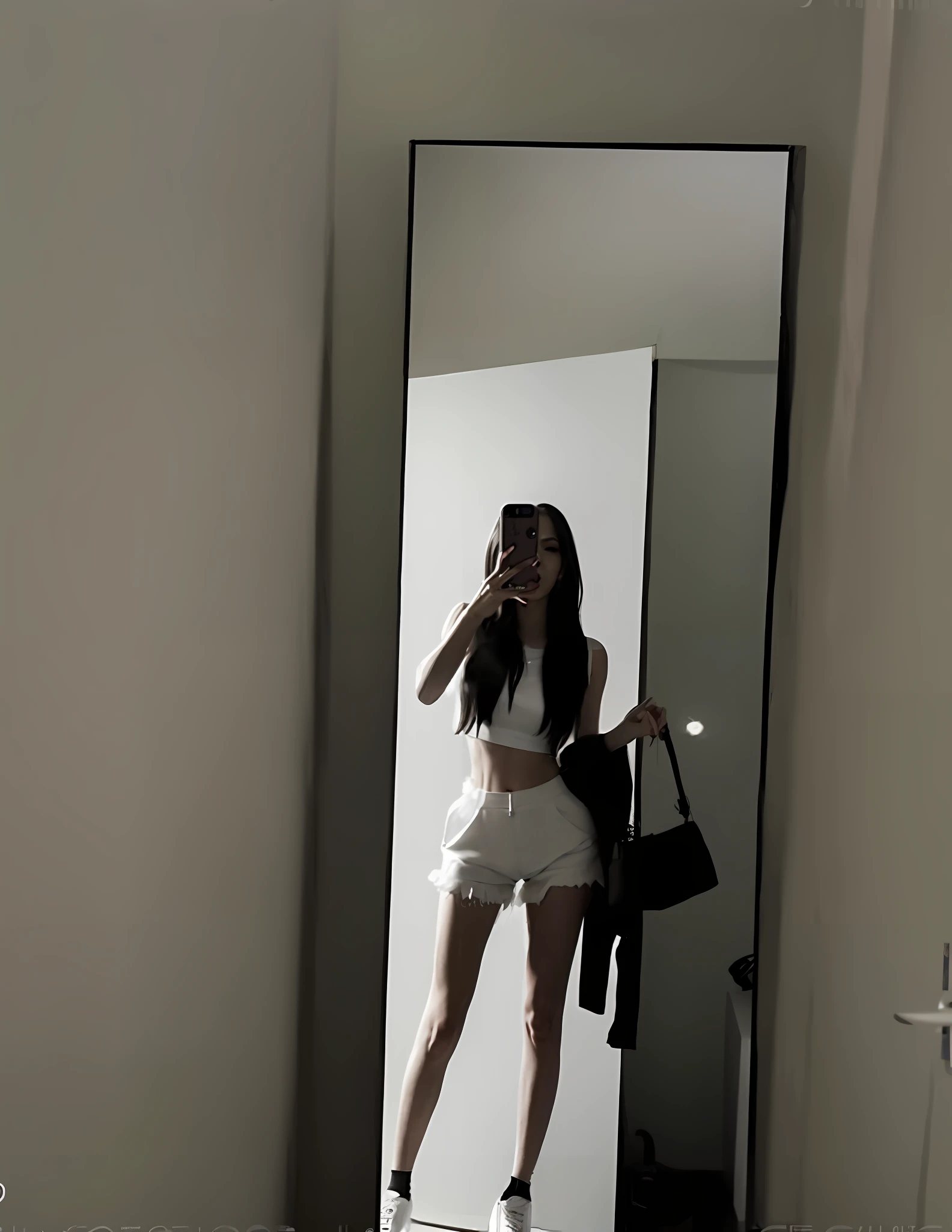 There is a woman taking a picture of herself in the mirror, her wardrobe is attractive, standing in front of the mirror, mirror selfie, in white clothes, bra and shorts street clothes, in tops and shorts, very sexy outfit, 2 female model, white skirt and nudity, in a white skirt, in a camisole and shorts,