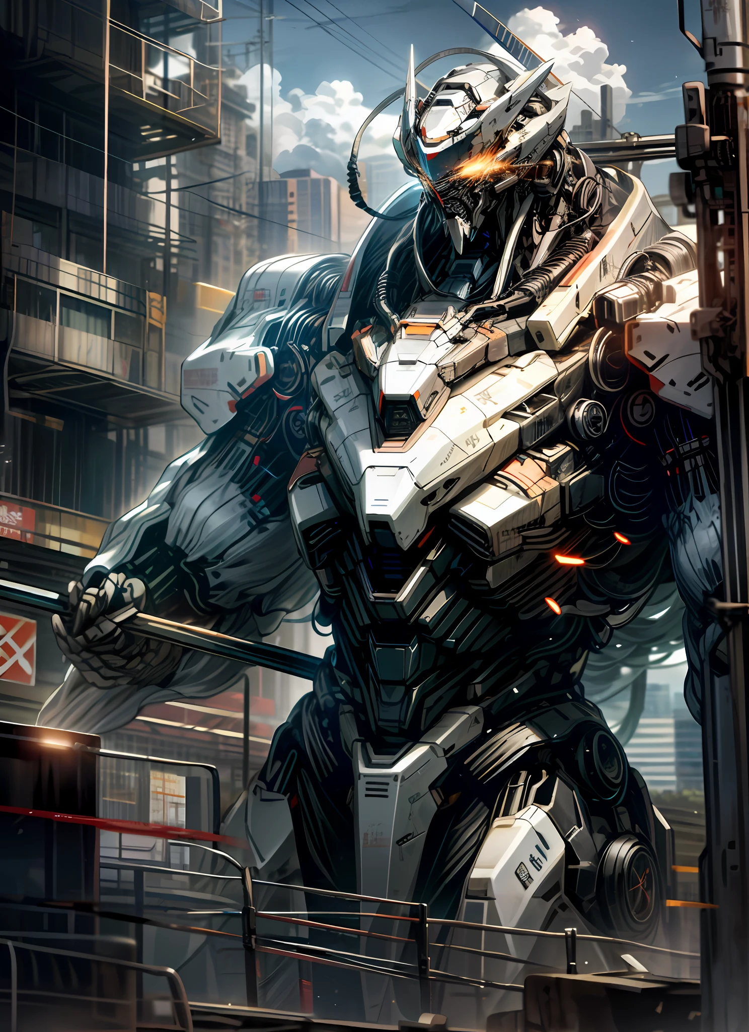 sky, cloud, holding_weapon, no_humans, glowing, , robot, building, glowing_eyes, mecha, science_fiction, city, realistic,mecha, scary, sinister