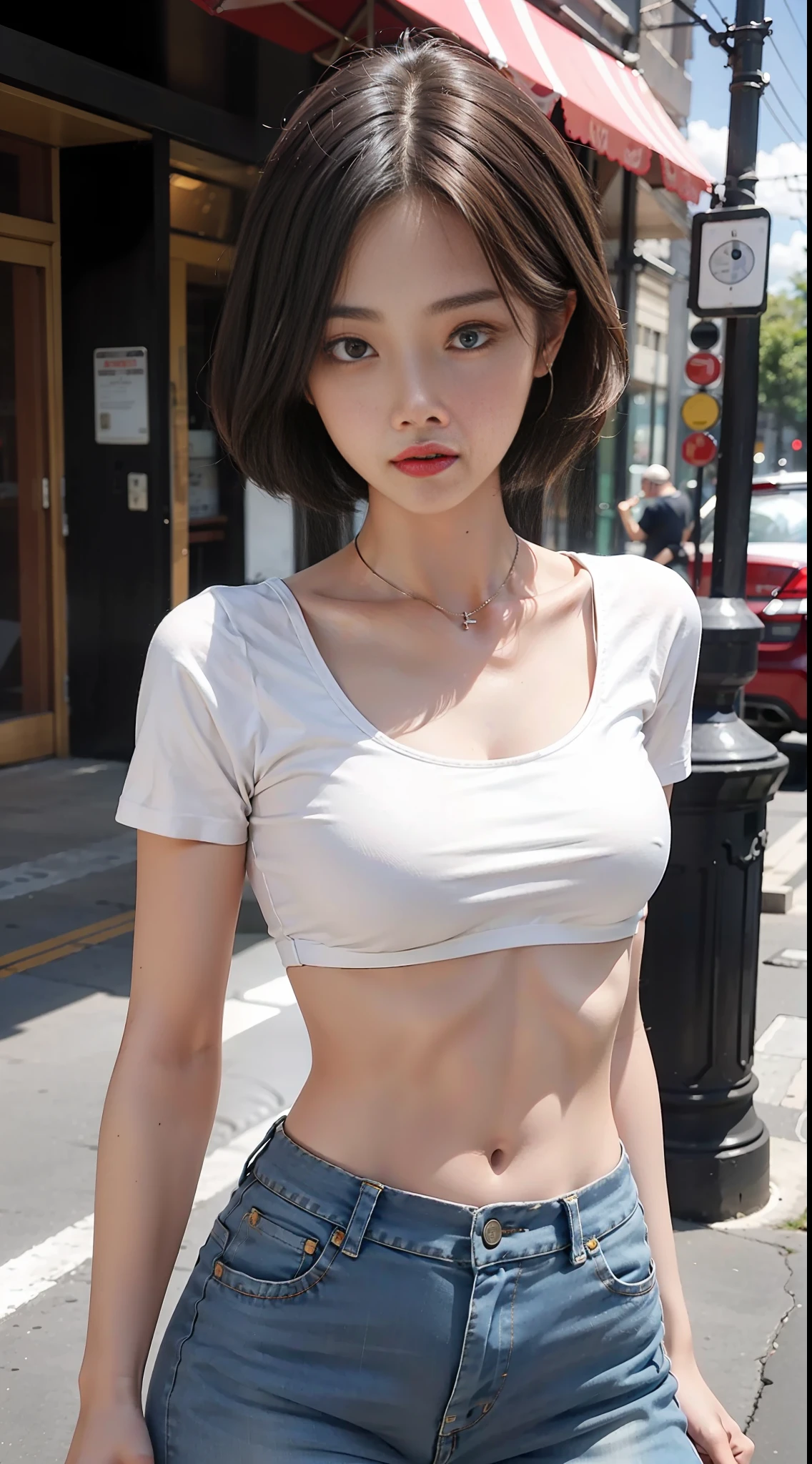 Girl posing for photo wearing white bra and tight denim, with cropped t-shirt, bra and street clothes, full body, common tennis, slim figure, smaller bust, thin girl model, 24-year-old female model,