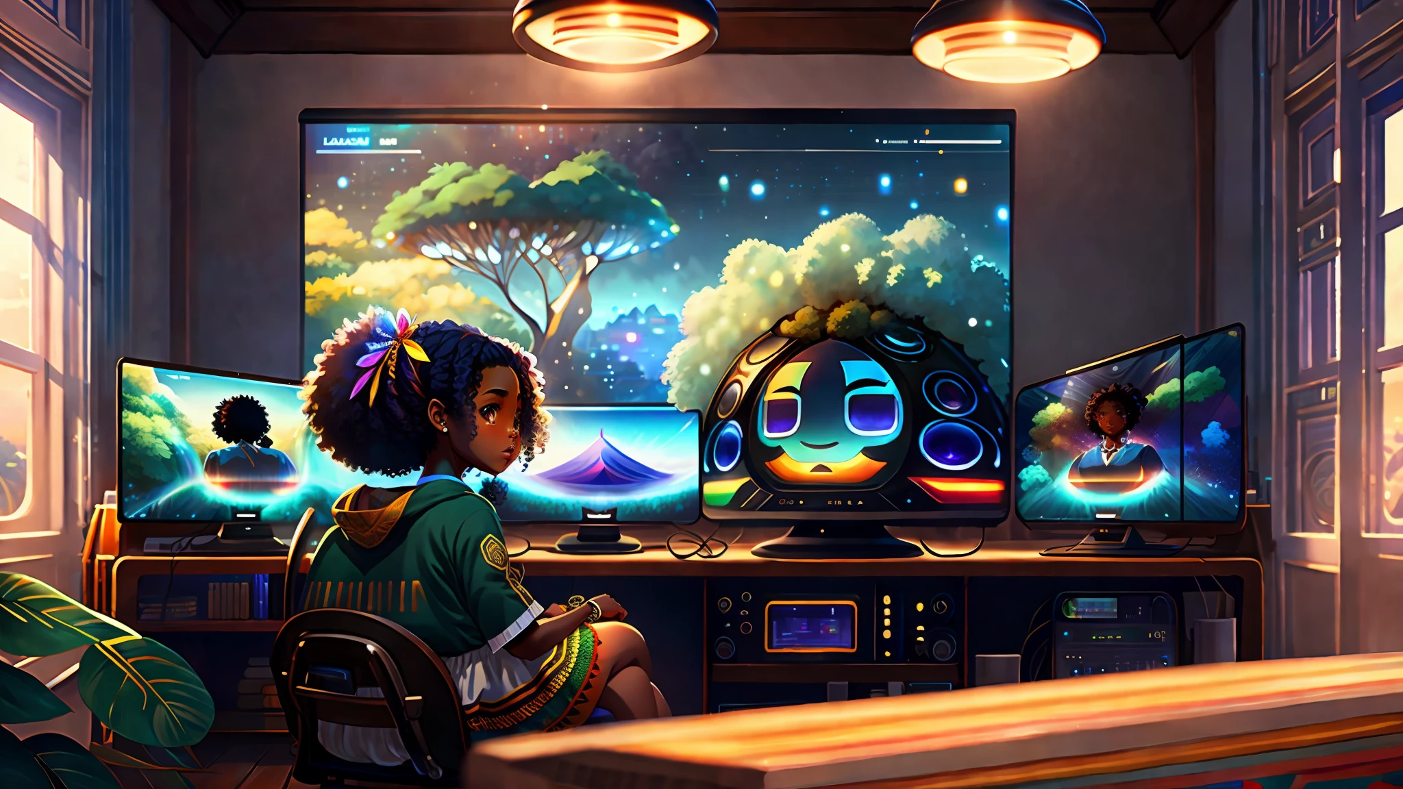 a beautiful african goddess is playing valorant game at a modern computer with triple screen in a room full of gadgets, luxuriant afro-textured messed rainbow hair, dark skin, heterochromia eyes, really curly hair, round belly voluptuous body, snown ,web developer, by makoto shinkai and ghibli studio, outlined silhouettes, dramatic lighting, highly detailed, incredible quality, trending on artstation
