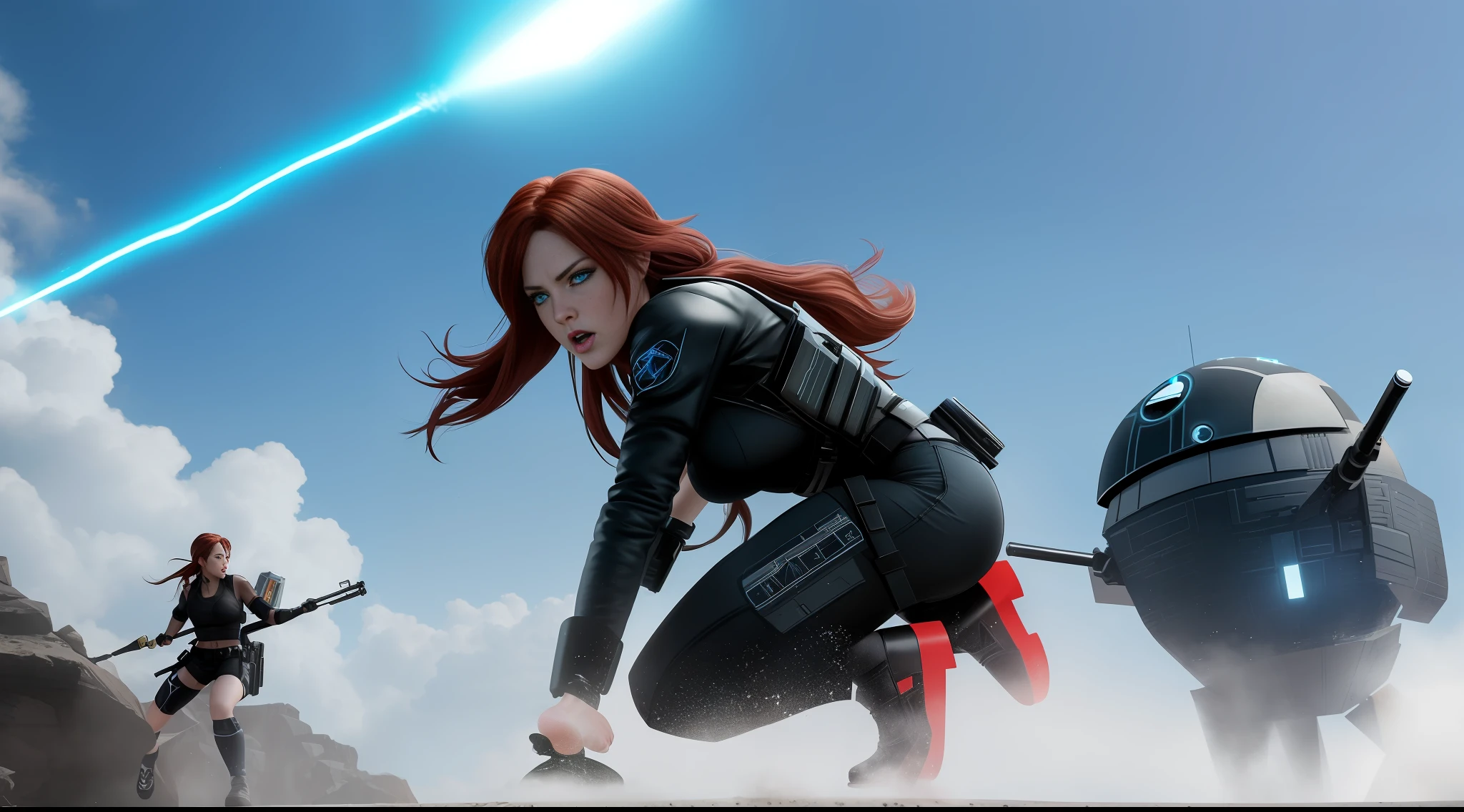 Miss Fortune and Lara Croft are facing off against Dart Vader, the troops are coming, the Death Star environment, perfect lighting, extreme character details, perfect hands and feet. Facial expressions of anger and determination (tron film)