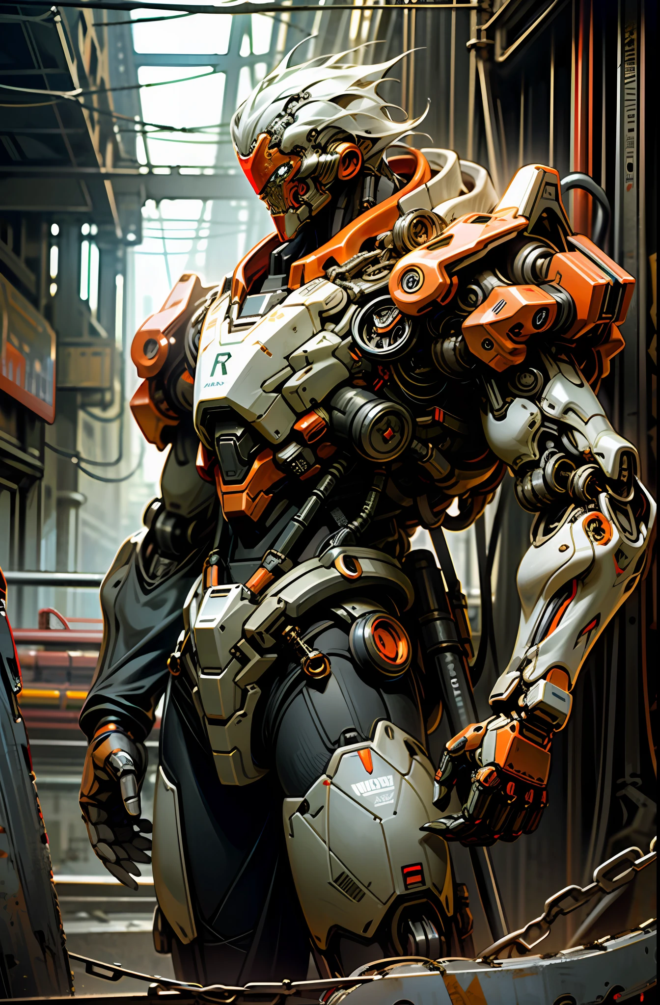 Dark_Fantasy,Cyberpunk,(chain saw,chain saw man,Red:1.1),1man,Mechanical marvel,Robotic presence,Cybernetic guardian, wearing a worn-out mech suit, intricate, (steel metal [rusty]), elegant, clear focus, shot by greg rutkowski, soft lighting, vibrant colors, masterpiece, ((street)), cowboy shot, dynamic pose,