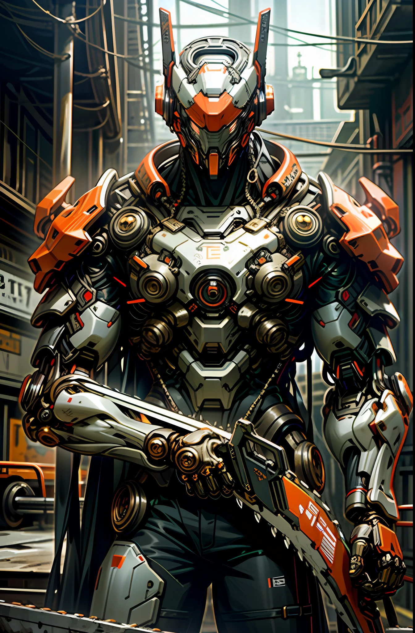 Dark_Fantasy,Cyberpunk,(chain saw,chain saw man,Red:1.1),1man,Mechanical marvel,Robotic presence,Cybernetic guardian, wearing a worn-out mech suit, intricate, (steel metal [rusty]), elegant, clear focus, shot by greg rutkowski, soft lighting, vibrant colors, masterpiece, ((street)), cowboy shot, dynamic pose,