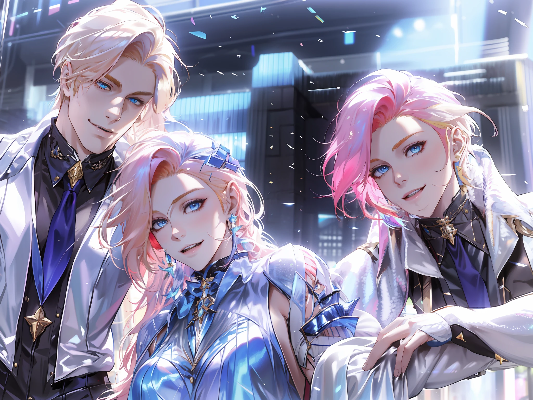 masterpiece, best quality, highres, ahri1, 1girl, solo, blonde hair, k/da \(league of legends\), long hair, multicolored hair, open hair, blue eyes, two-tone hair, large breasts, poolside, micro bikini, smile, 2 handsome boys on her both sides, red hair boy on the left and blue hair boy on the right