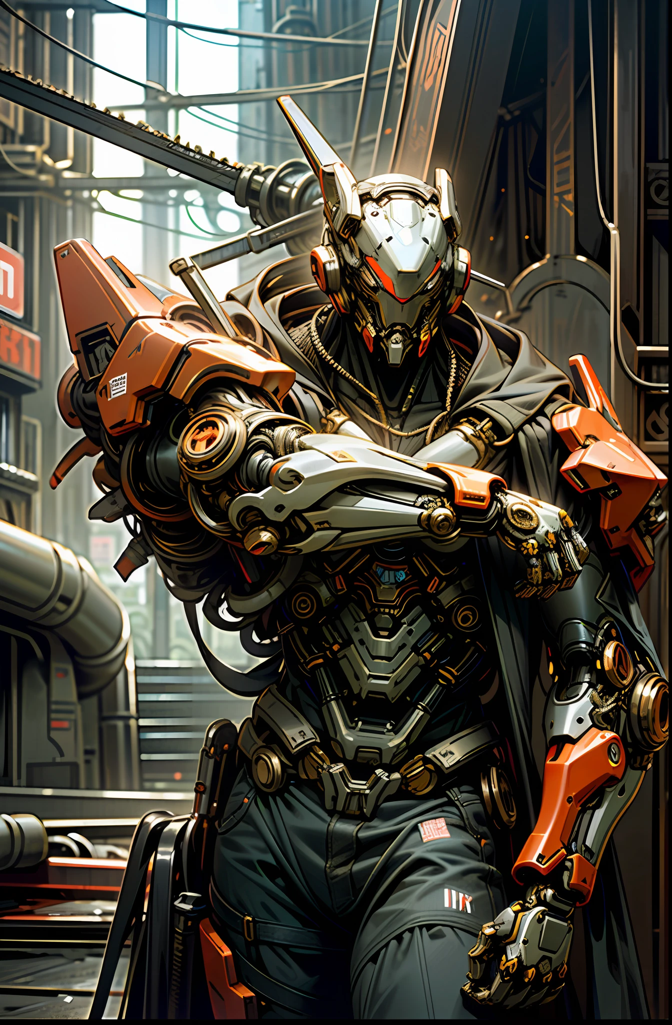 Dark_Fantasy,Cyberpunk,(chain saw,chain saw man,Red:1.1),1man,Mechanical marvel,Robotic presence,Cybernetic guardian, wearing a worn-out mech suit, intricate, (steel metal [rusty]), elegant, clear focus, shot by greg rutkowski, soft lighting, vibrant colors, masterpiece, ((street)), cowboy shot, dynamic pose,