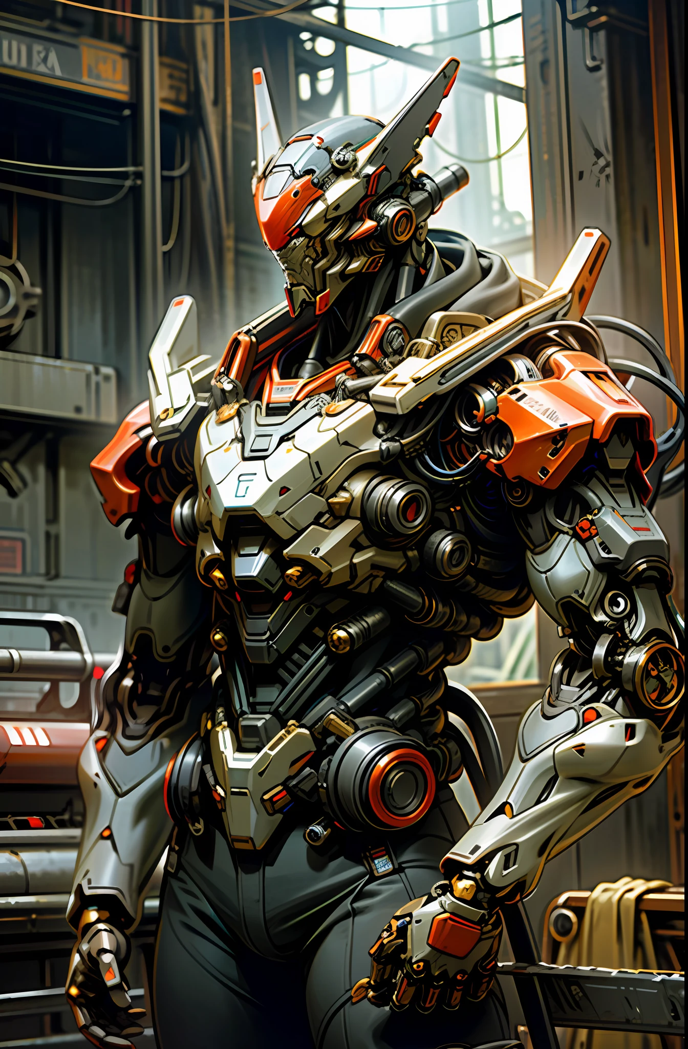 Dark_Fantasy,Cyberpunk,(chain saw,chain saw man,Red:1.1),1man,Mechanical marvel,Robotic presence,Cybernetic guardian, wearing a worn-out mech suit, intricate, (steel metal [rusty]), elegant, clear focus, shot by greg rutkowski, soft lighting, vibrant colors, masterpiece, ((street)), cowboy shot, dynamic pose,
