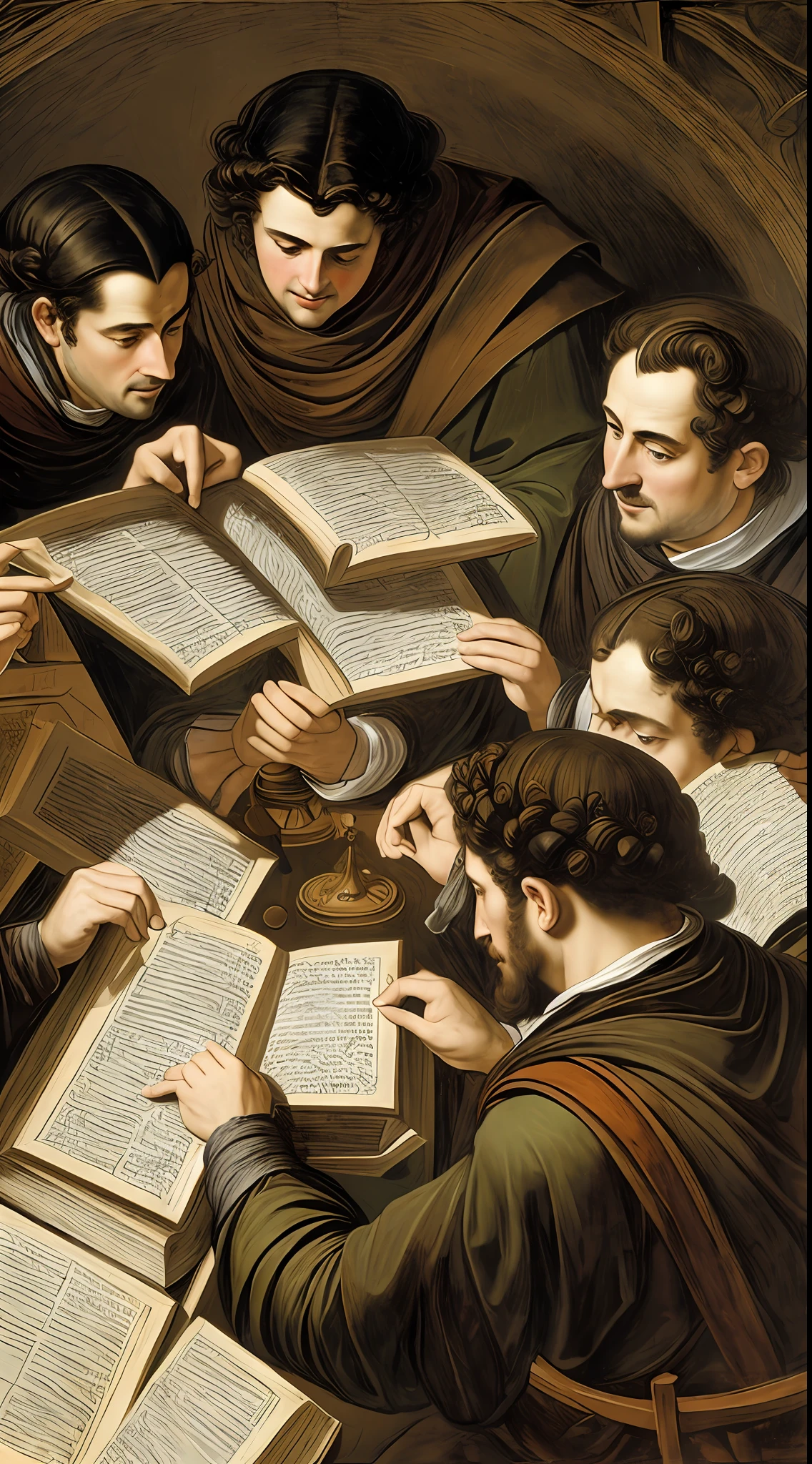 ((best quality), (masterpiece), (detailed),) Close-up shot of a group of cryptographers, linguists, and scholars huddled around a table, intensely studying the Voynich Manuscript. The lighting is reminiscent of Rembrandt and Caravaggio, with a mastery of chiaroscuro creating dramatic contrasts between light and shadow. The scene exudes an air of intrigue and mystery as they delve into the enigmatic pages of the ancient manuscript.