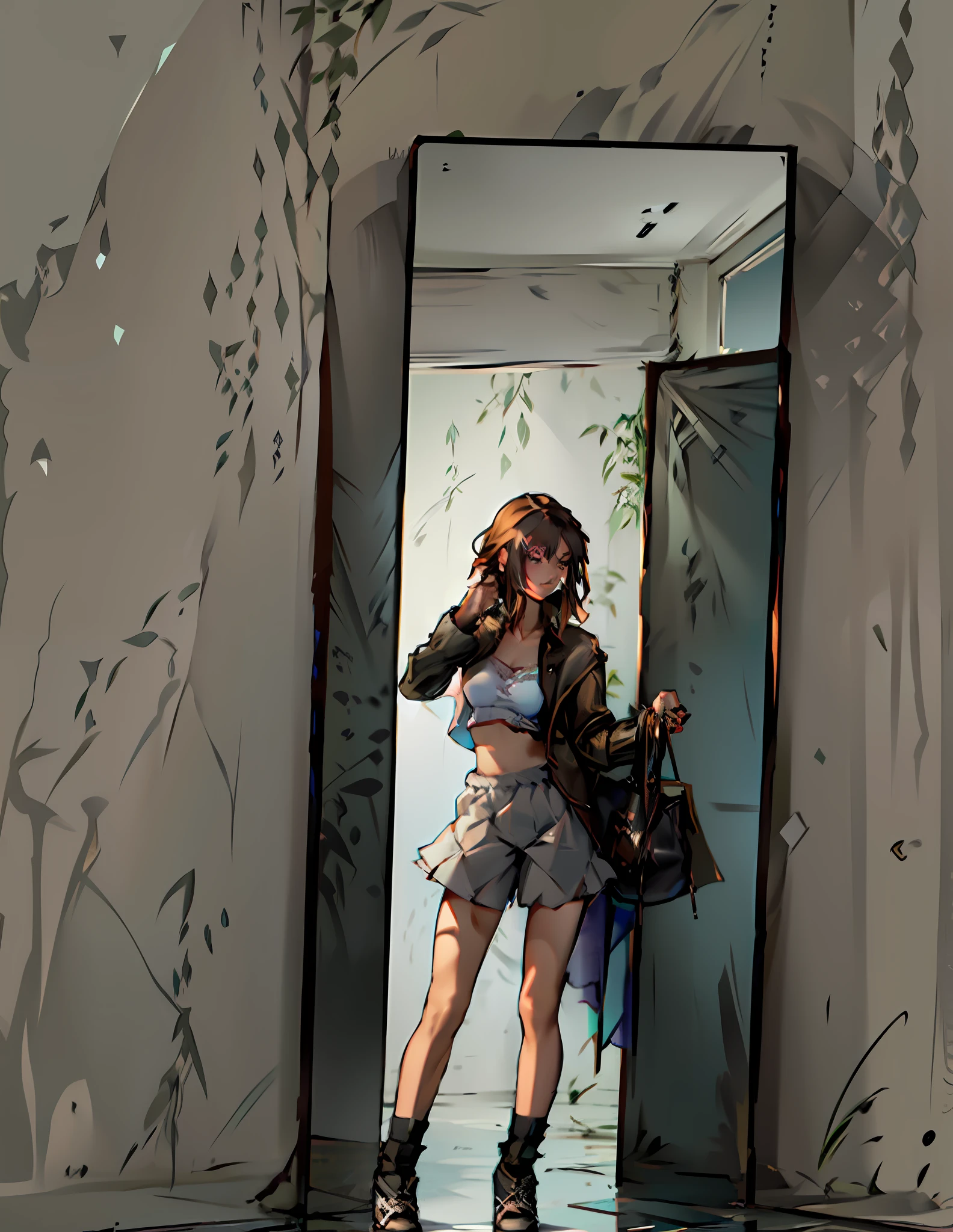 There is a woman taking a picture of herself in the mirror, her wardrobe is attractive, standing in front of the mirror, mirror selfie, in white clothes, bra and shorts street clothes, in tops and shorts, very sexy outfit, 2 4 years old female model, white skirt and nudity, in a white skirt, in a camisole and shorts,