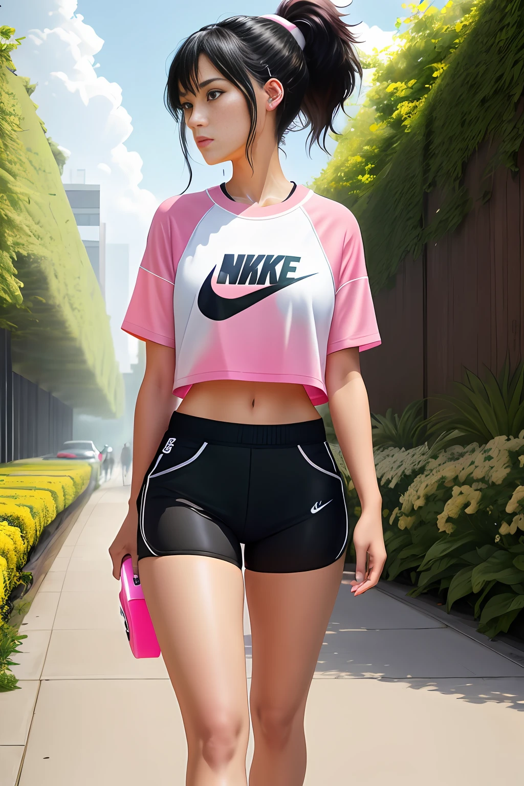 Describe a scene of a 20-year-old woman wearing a pink Nike sneaker with white accents, wearing a short Nike shirt, black hair combed into a ponytail, with headphones, sweating while taking a walk in a garden. 8k ultra HD vivid colors masterpiece ultra resolution