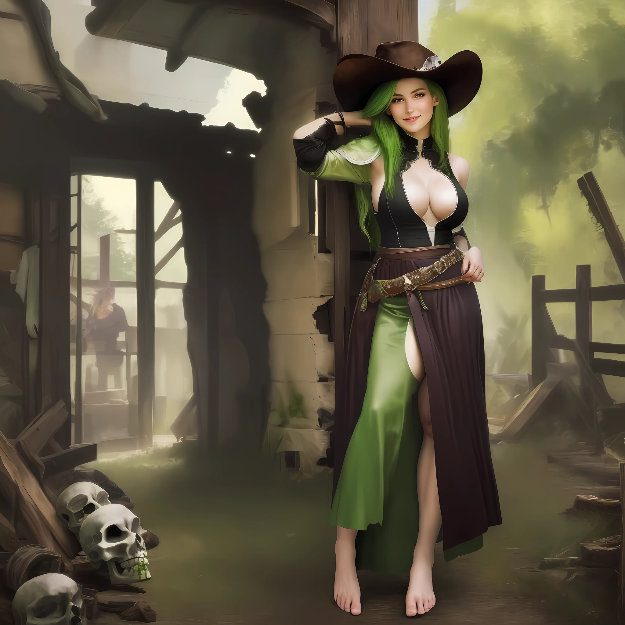 (masterpiece, best quality: 1.2), cowboy shot, solo, 1woman, odelschwanck, sensual expression, smiling, looking at the viewer, hand in own hair, green hair, skull, torn clothes, showing part of breasts, large breasts, torn skirt, big ass, barefoot