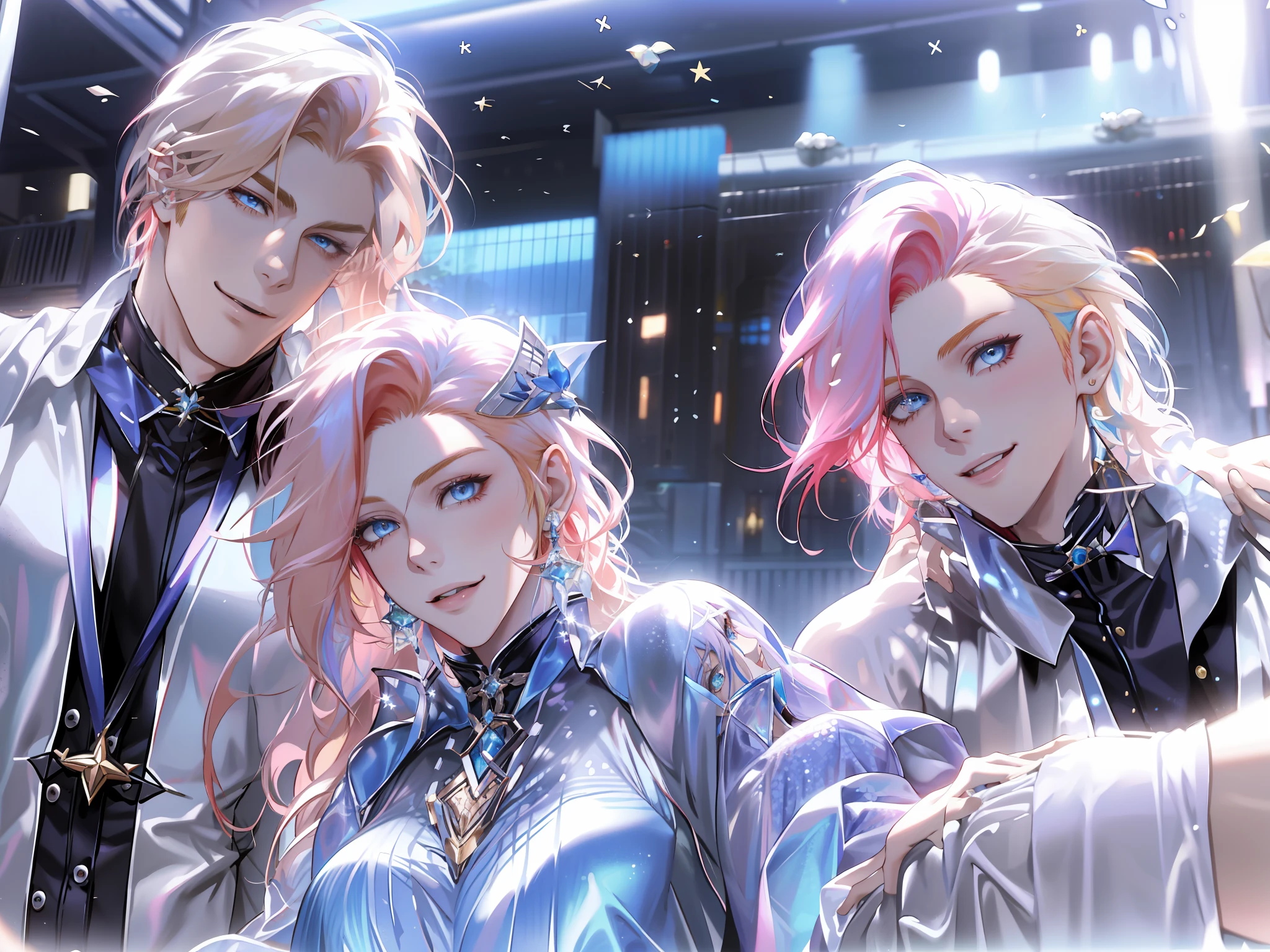 masterpiece, best quality, highres, ahri1, 1girl, solo, blonde hair, k/da \(league of legends\), long hair, multicolored hair, open hair, blue eyes, two-tone hair, large breasts, poolside, micro bikini, smile, 2 handsome boys on her both sides, red hair boy on the left and blue hair boy on the right