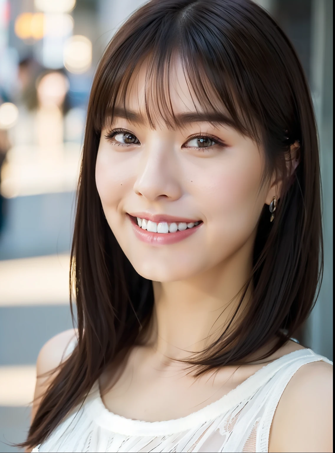 ((Best quality, 8k, Masterpiece, Sharp focus, 35mm lens, f/0.8, amazing beautiful perfect figure :1.4)), under lighting, ((natural medium breasts )), (white shoulder knit sweater:1.2), (street background:1.2),necklace, Highly detailed face and skin texture:1.2, Detailed black eyes:1.2, super detailed skin, shiny skin:1.2, Grinning , beautiful detailed makeup:1.2, high-fidelity bangs, light brown medium cut random hairstyle, from below, looking at viewer, inverted triangle face